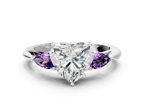 White gold Heart Cut Diamond Three-Stone Ring with Pear with Amethyst side stone Side Stones and Prong Setting_24