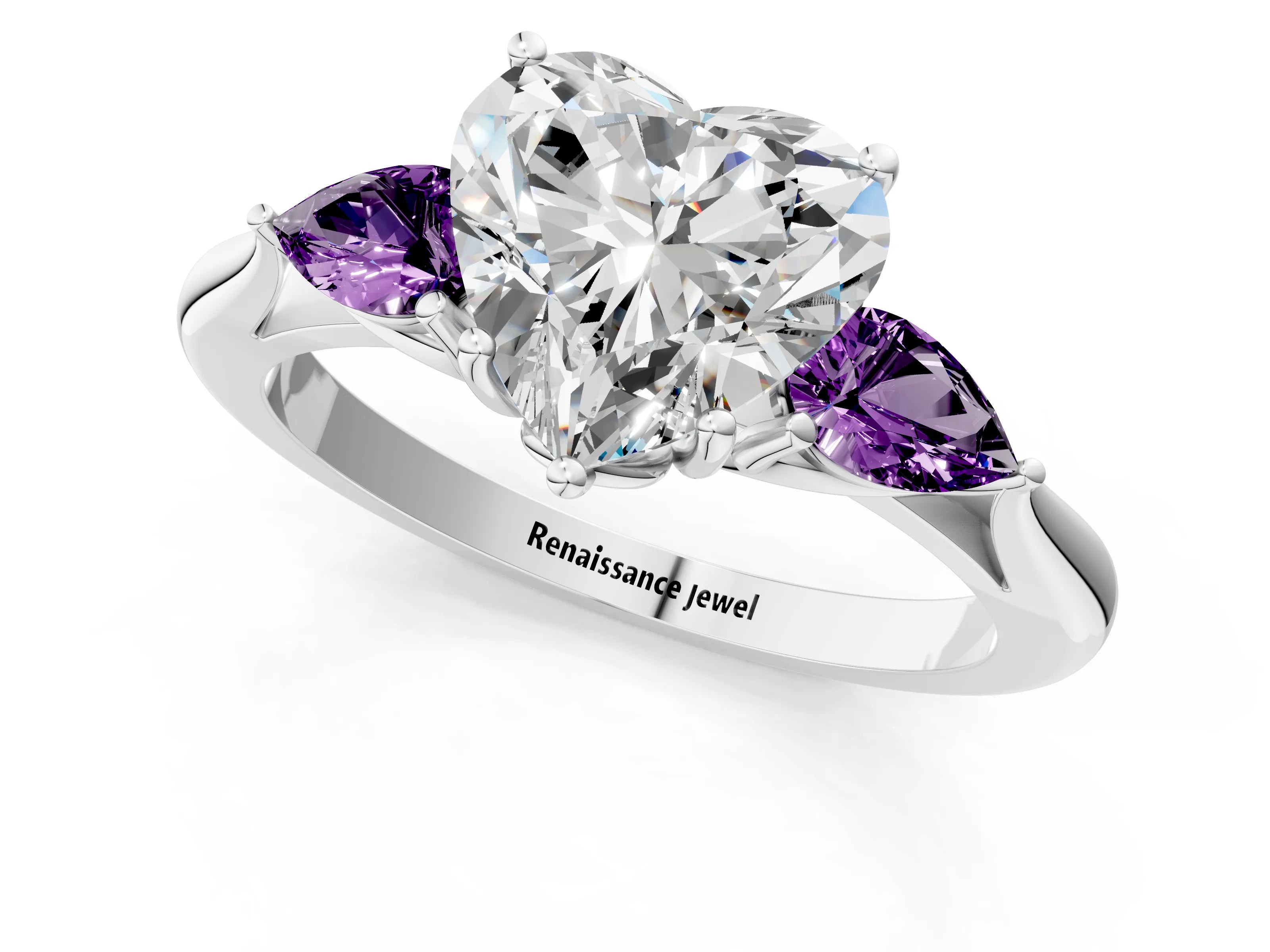White gold Heart Cut Diamond Three-Stone Ring with Pear with Amethyst side stone Side Stones and Prong Setting_25