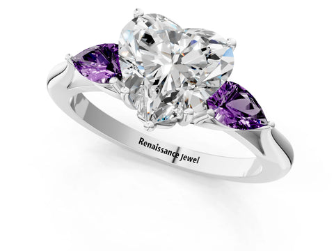 White gold Heart Cut Diamond Three-Stone Ring with Pear with Amethyst side stone Side Stones and Prong Setting_25