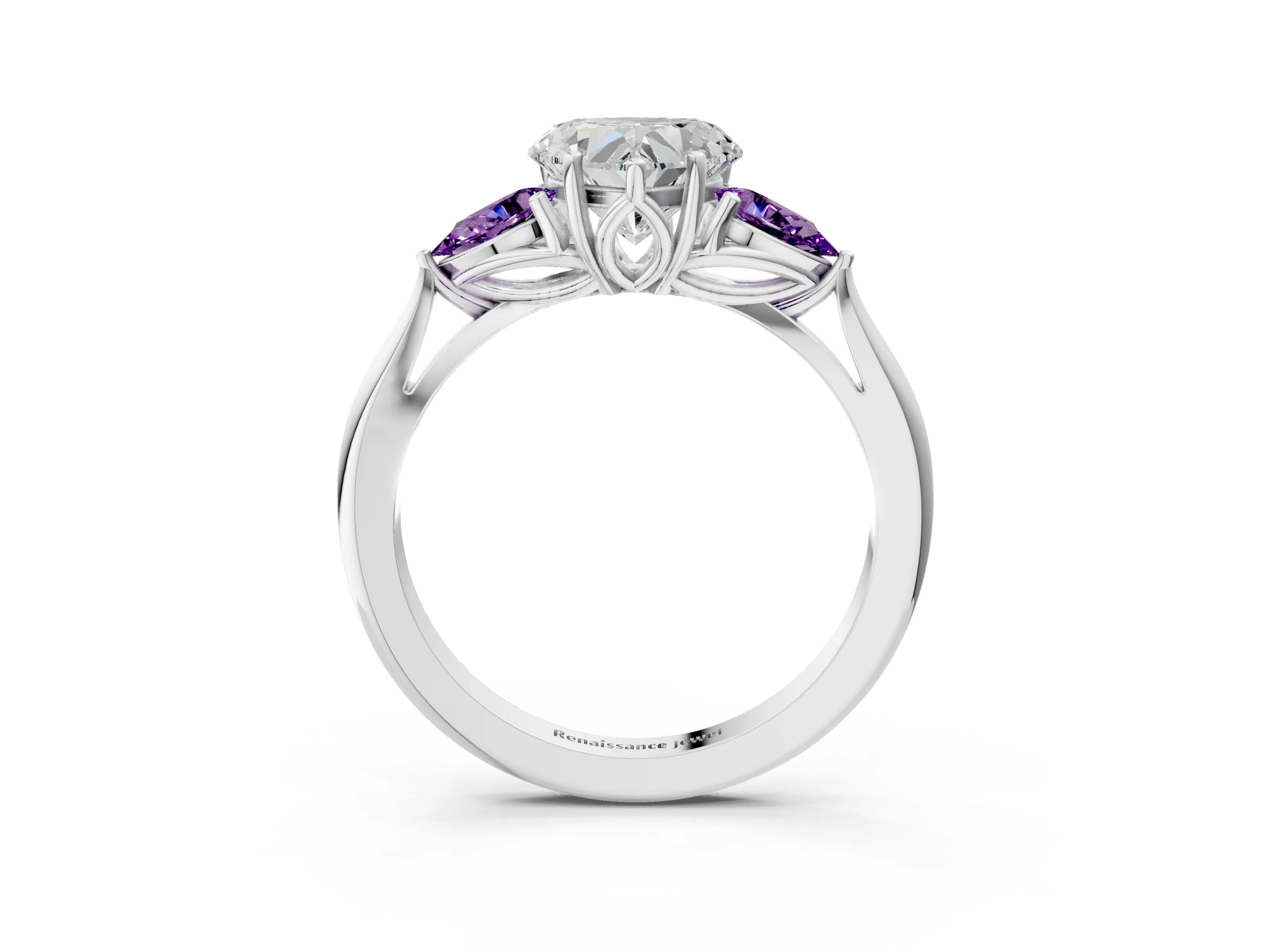 White gold Heart Cut Diamond Three-Stone Ring with Pear with Amethyst side stone Side Stones and Prong Setting_27