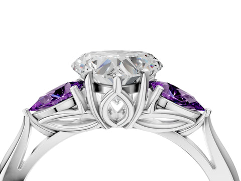 White gold Heart Cut Diamond Three-Stone Ring with Pear with Amethyst side stone Side Stones and Prong Setting_28