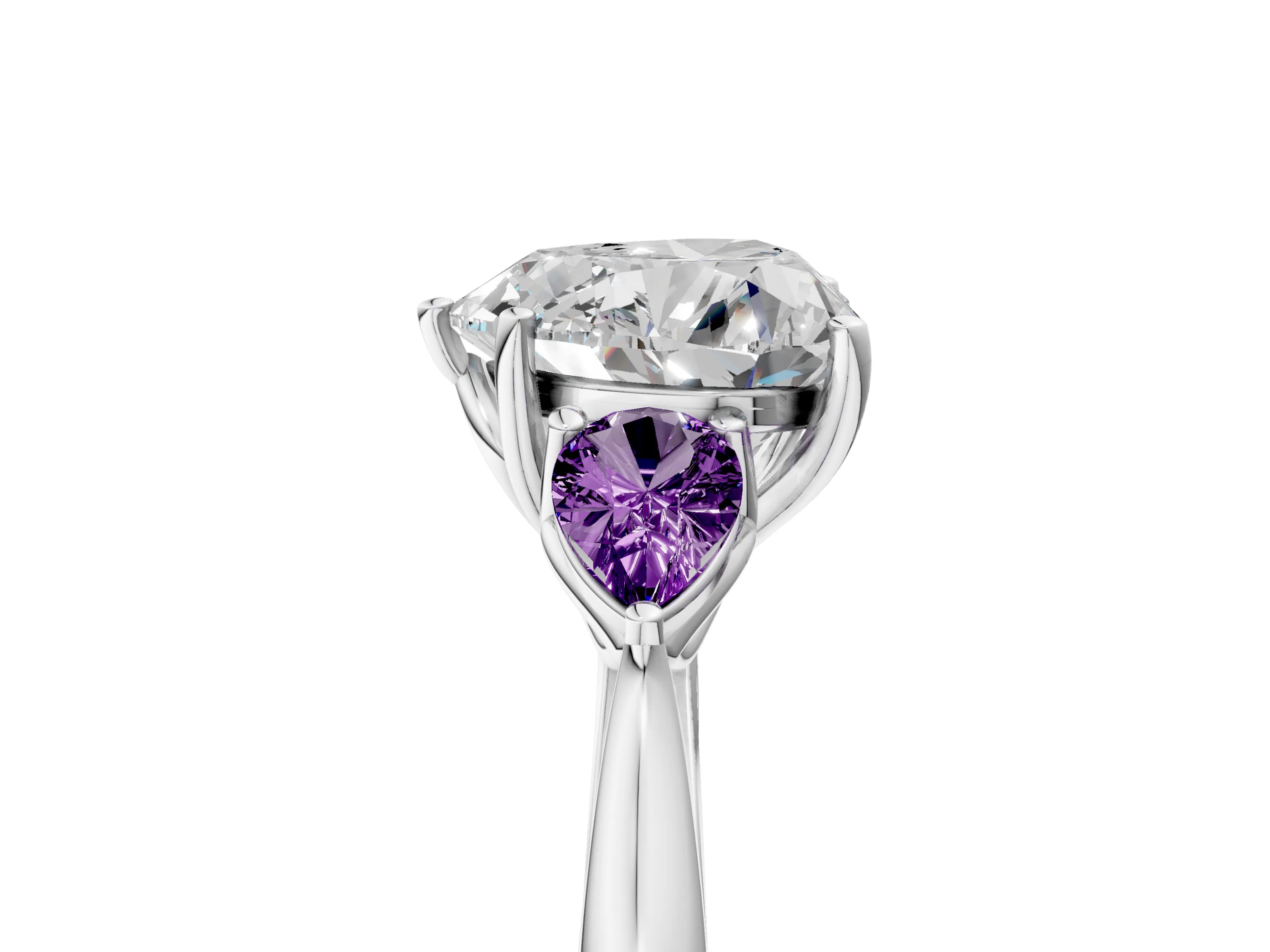 White gold Heart Cut Diamond Three-Stone Ring with Pear with Amethyst side stone Side Stones and Prong Setting_53