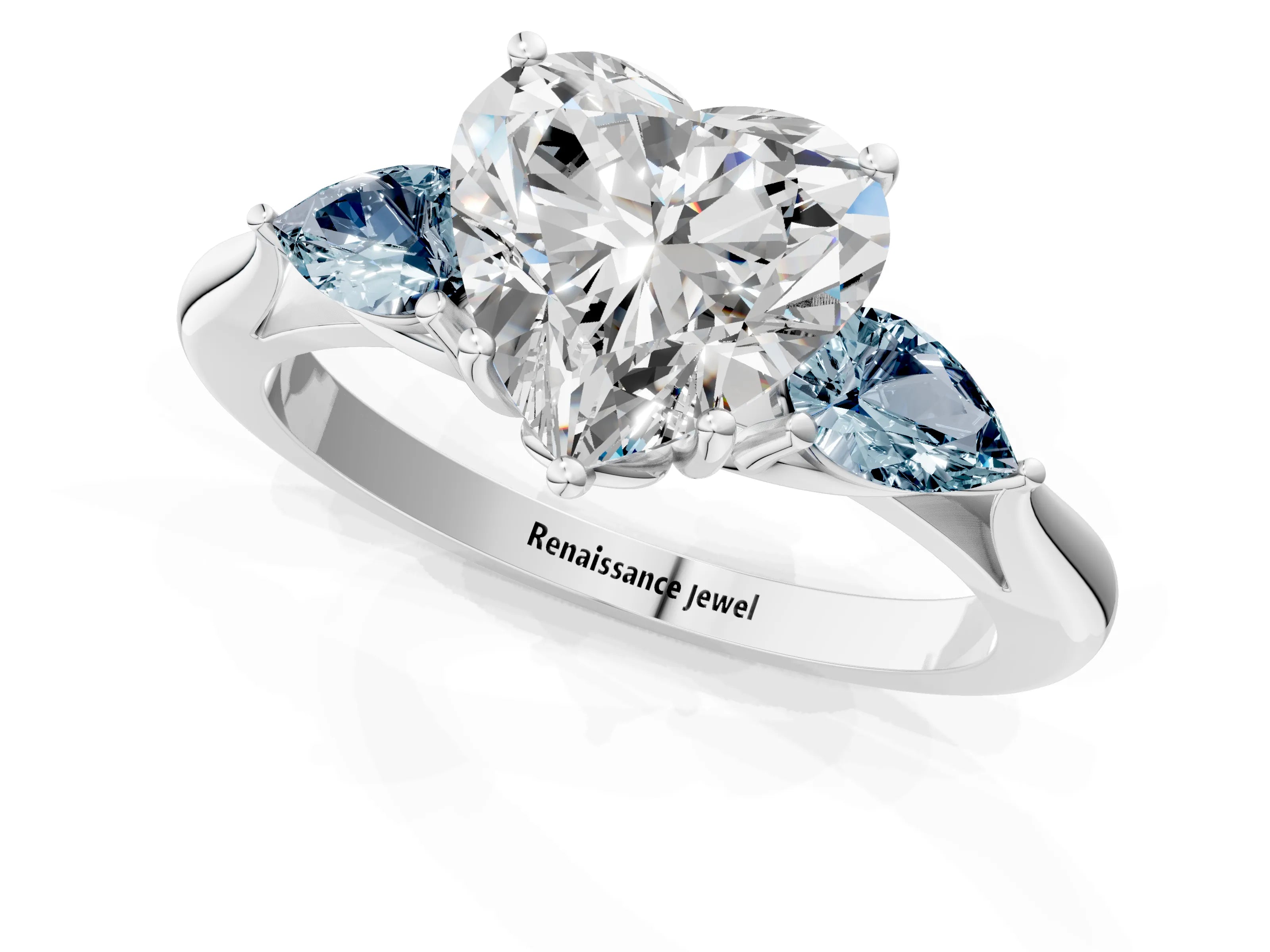 White gold Heart Cut Diamond Three-Stone Ring with Pear with Aquamarine side stone Side Stones and Prong Setting_25