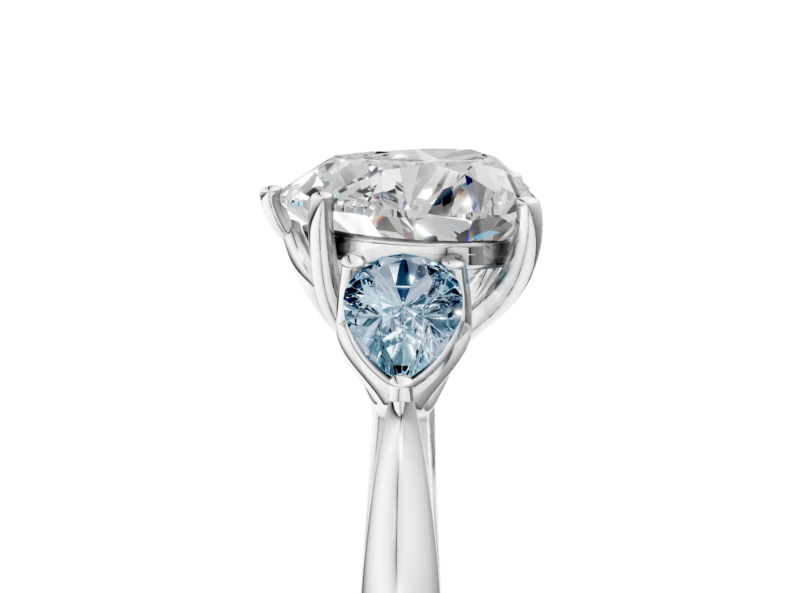 White gold Heart Cut Diamond Three-Stone Ring with Pear with Aquamarine side stone Side Stones and Prong Setting_29