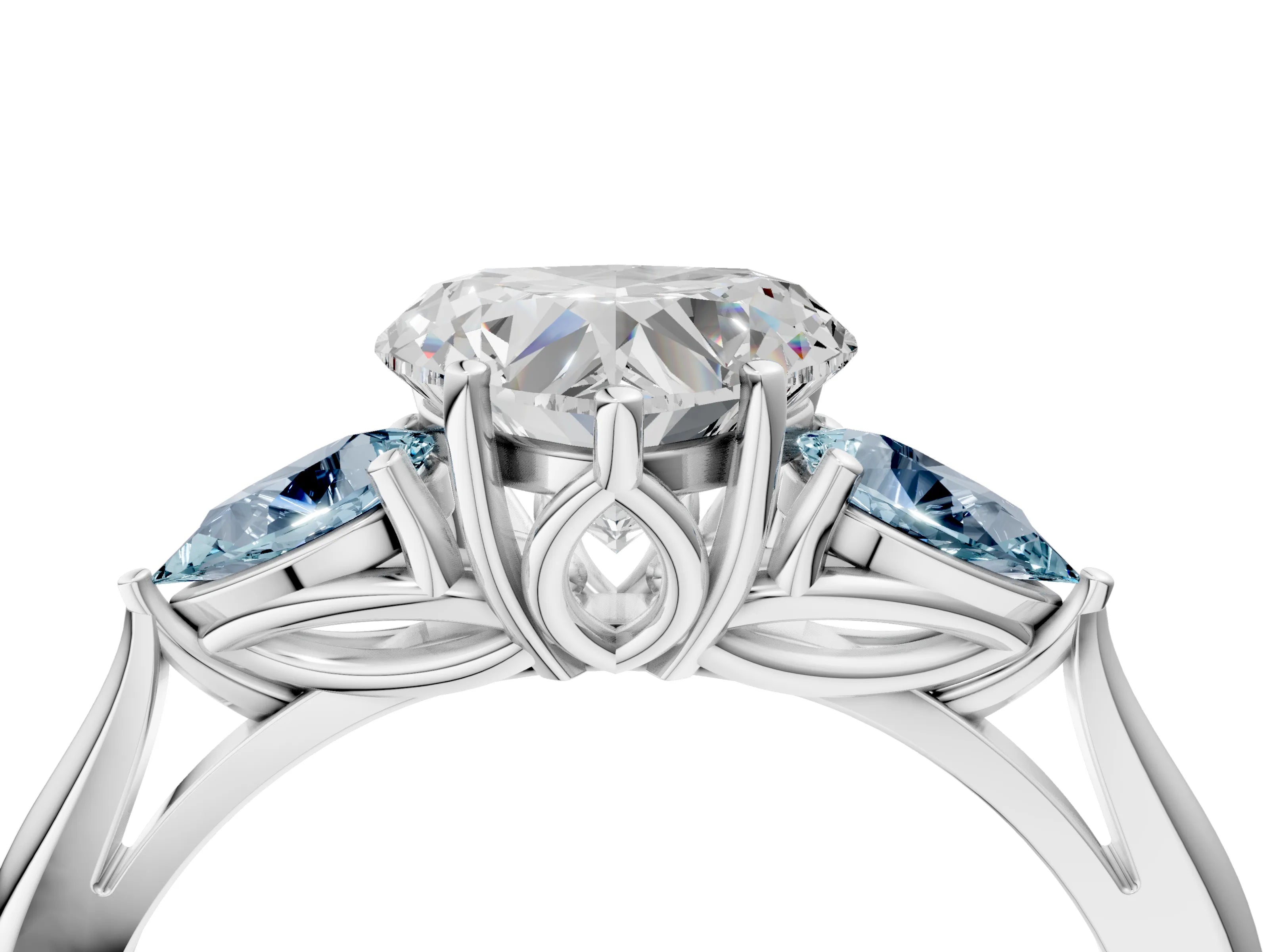 White gold Heart Cut Diamond Three-Stone Ring with Pear with Aquamarine side stone Side Stones and Prong Setting_52