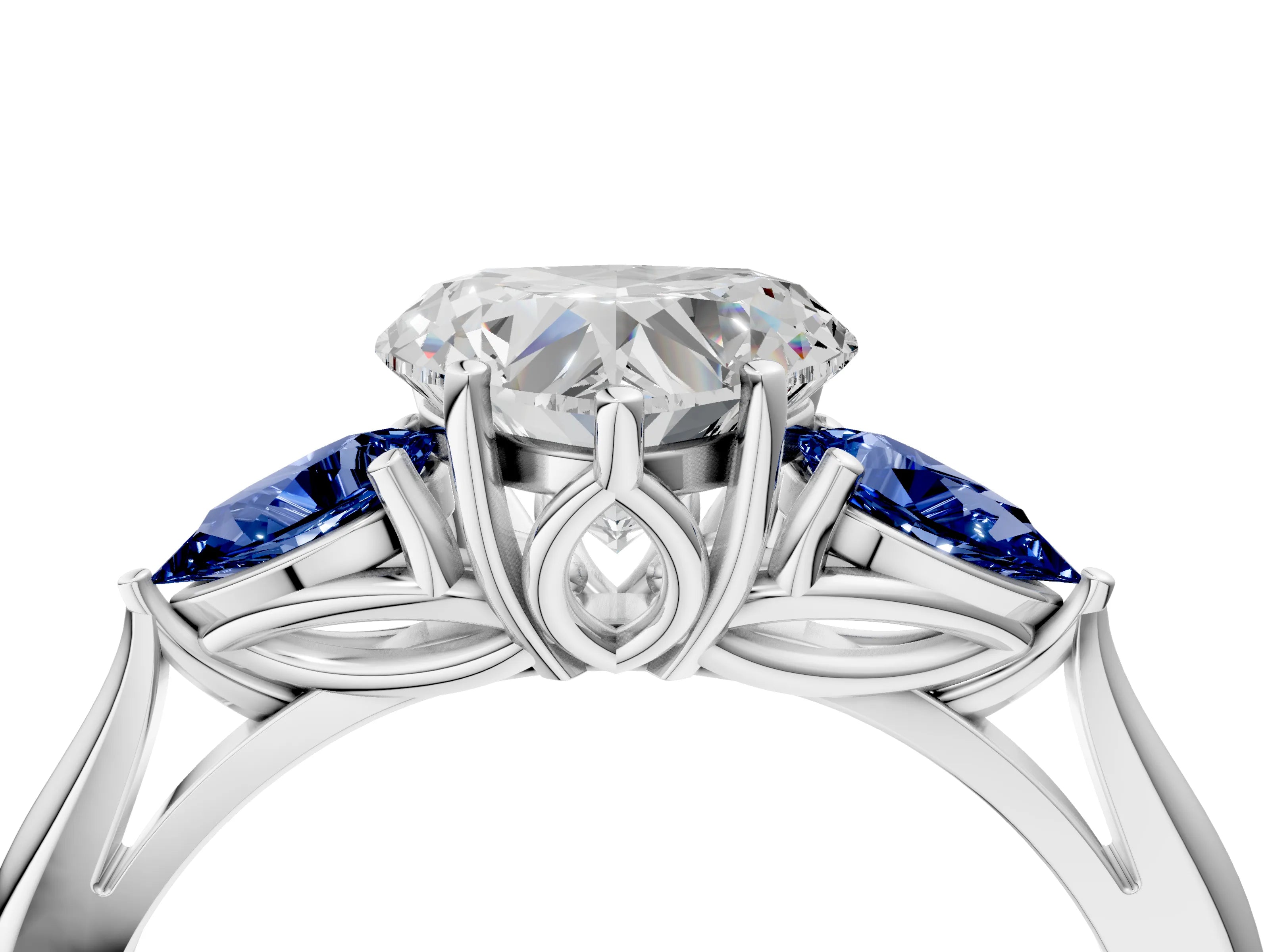 White gold Heart Cut Diamond Three-Stone Ring with Pear with Blue Sapphire side stone Side Stones and Prong Setting_40