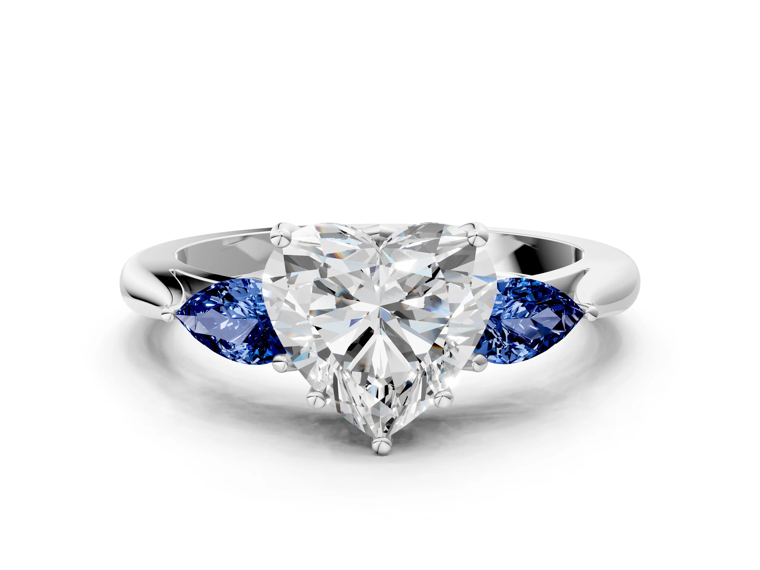 White gold Heart Cut Diamond Three-Stone Ring with Pear with Blue Sapphire side stone Side Stones and Prong Setting_60