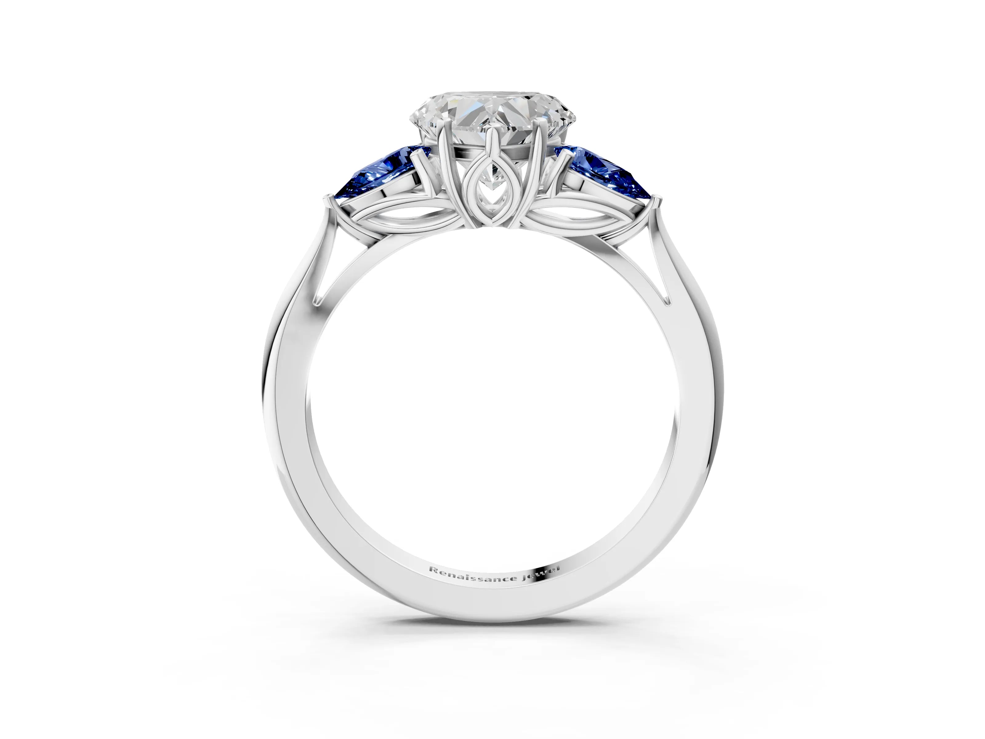White gold Heart Cut Diamond Three-Stone Ring with Pear with Blue Sapphire side stone Side Stones and Prong Setting_63