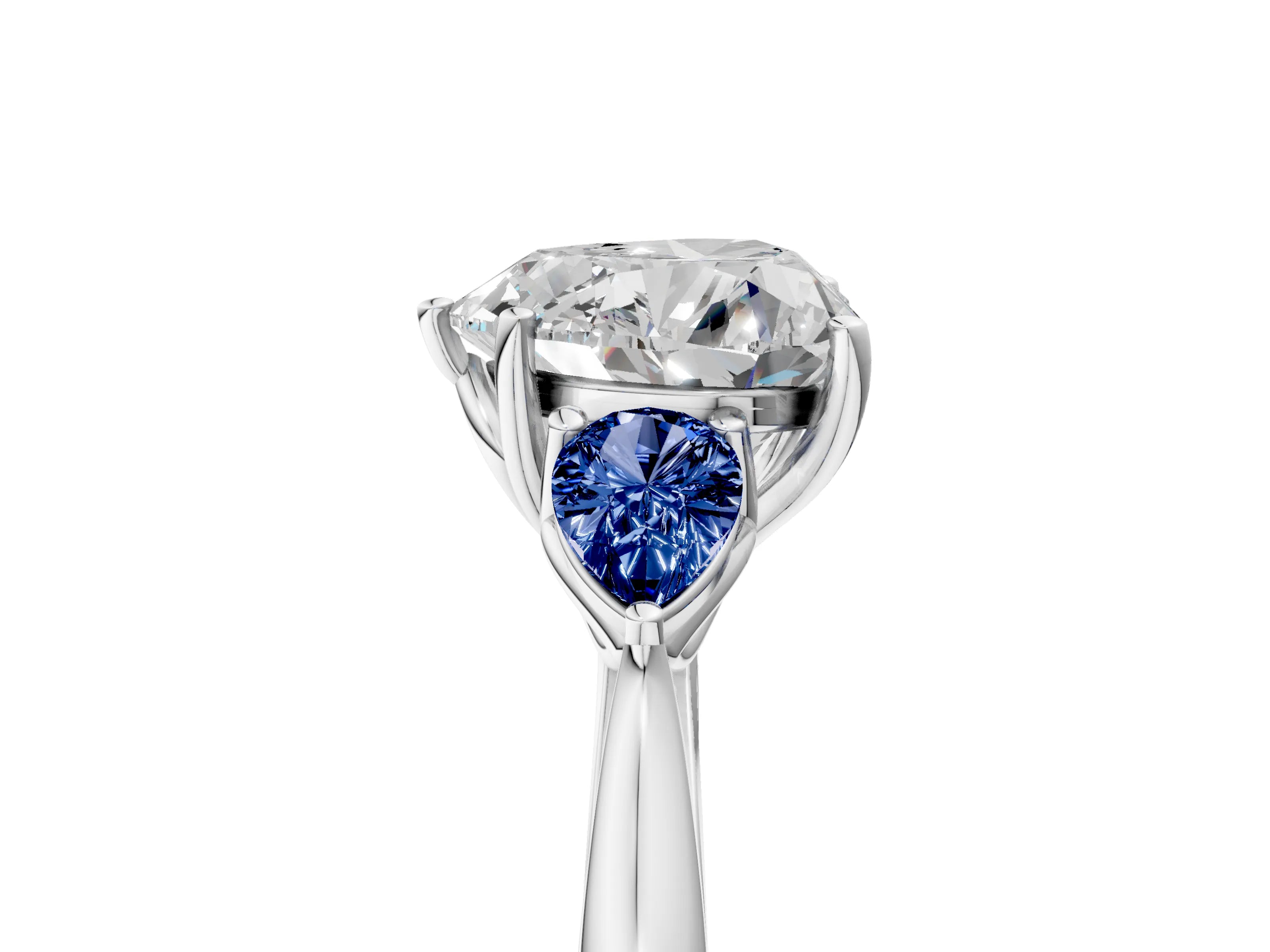 White gold Heart Cut Diamond Three-Stone Ring with Pear with Blue Sapphire side stone Side Stones and Prong Setting_65