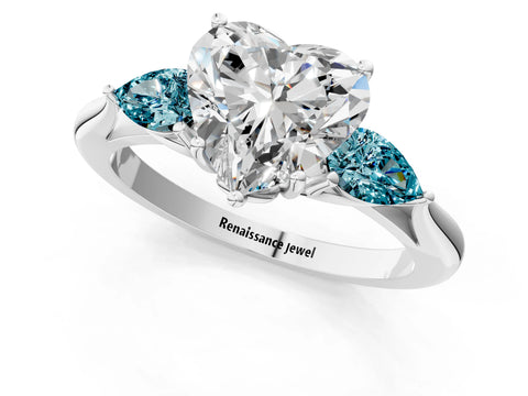 White gold Heart Cut Diamond Three-Stone Ring with Pear with Blue Topaz side stone Side Stones and Prong Setting_61