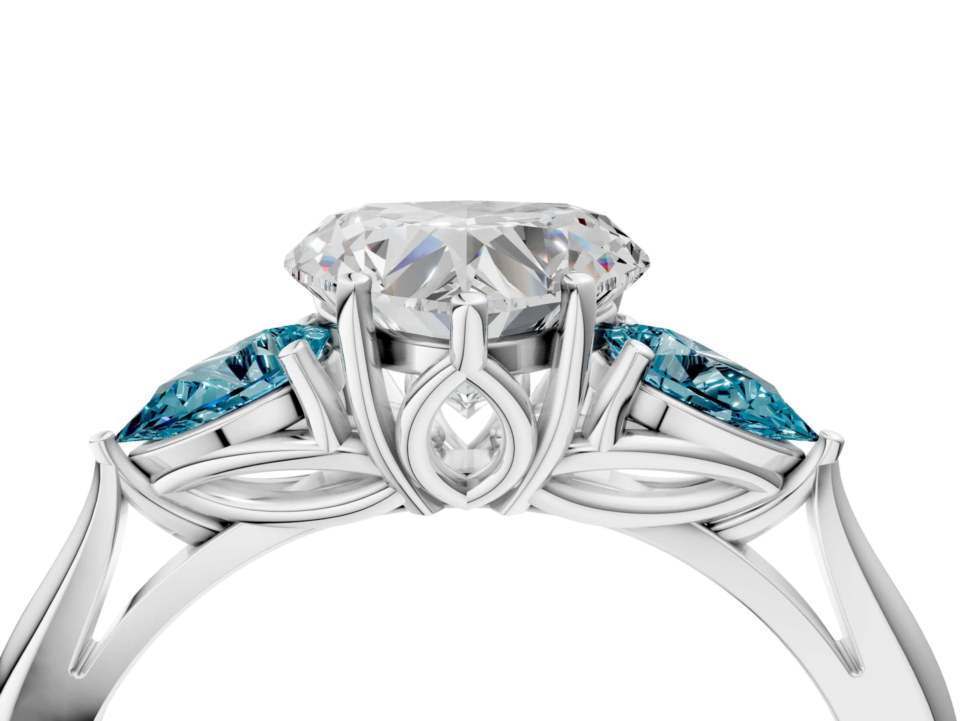 White gold Heart Cut Diamond Three-Stone Ring with Pear with Blue Topaz side stone Side Stones and Prong Setting_64