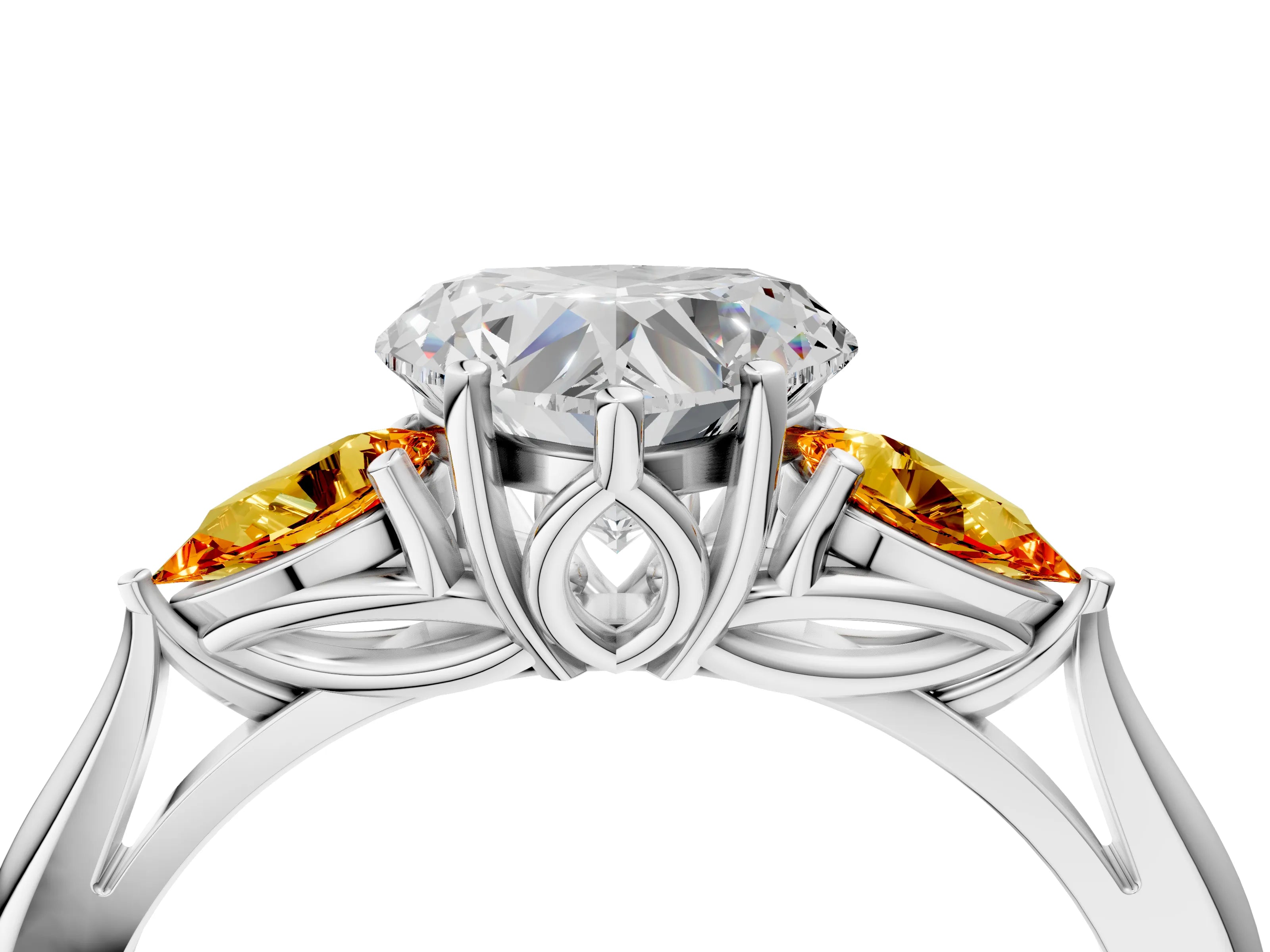 White gold Heart Cut Diamond Three-Stone Ring with Pear with Citrine side stone Side Stones and Prong Setting_63