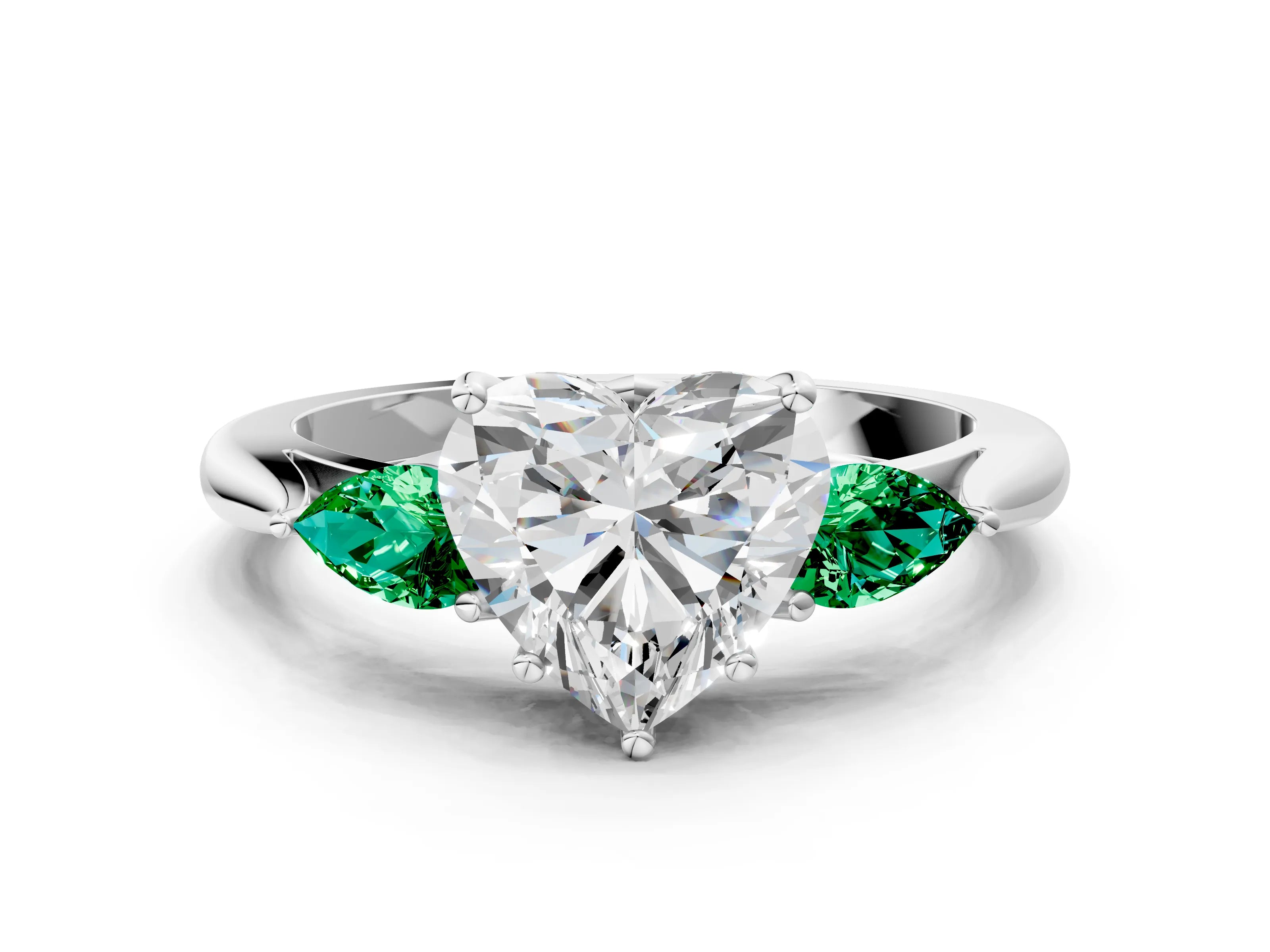 White gold Heart Cut Diamond Three-Stone Ring with Pear with Emerald side stone Side Stones and Prong Setting_36