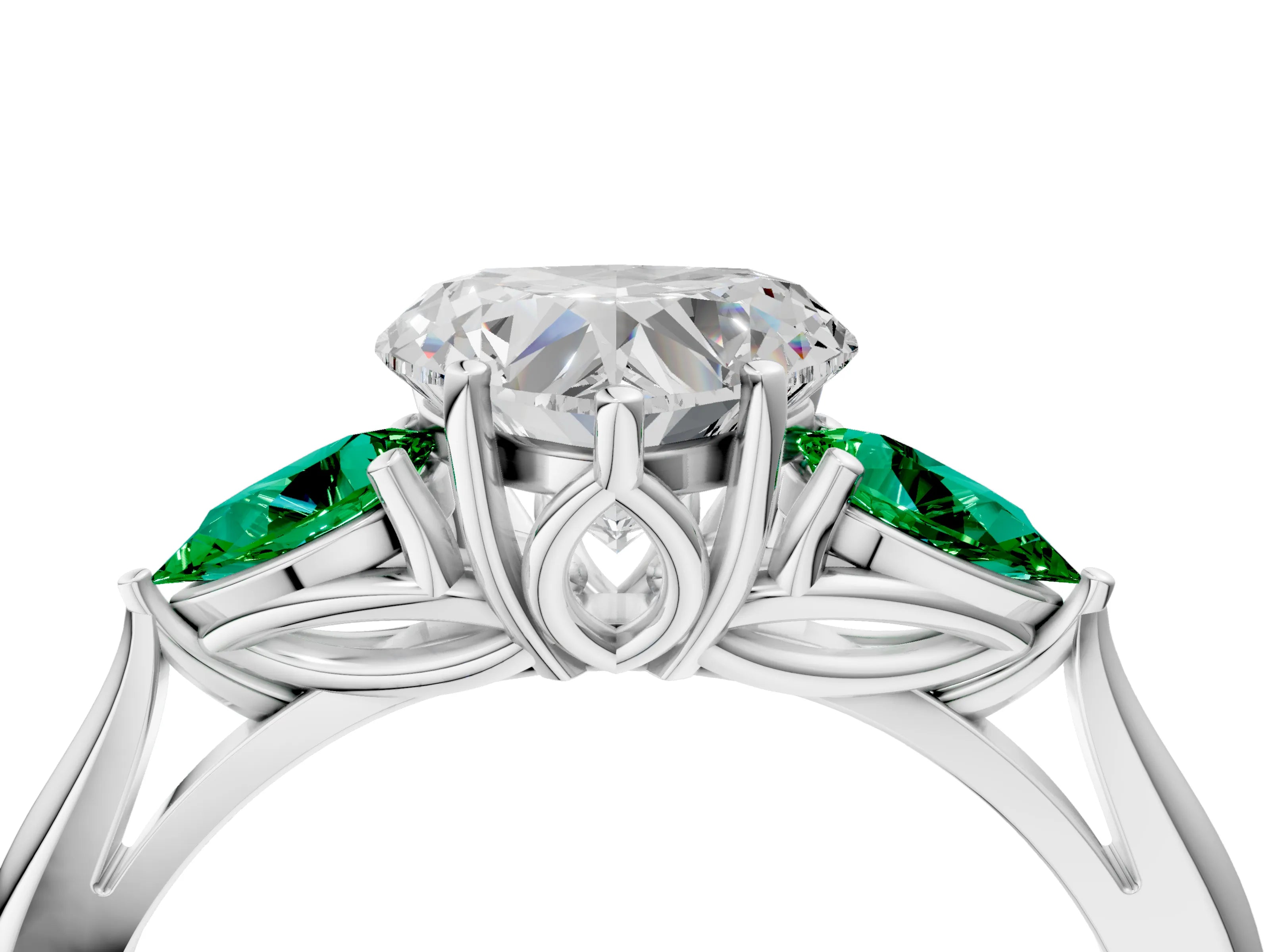 White gold Heart Cut Diamond Three-Stone Ring with Pear with Emerald side stone Side Stones and Prong Setting_40