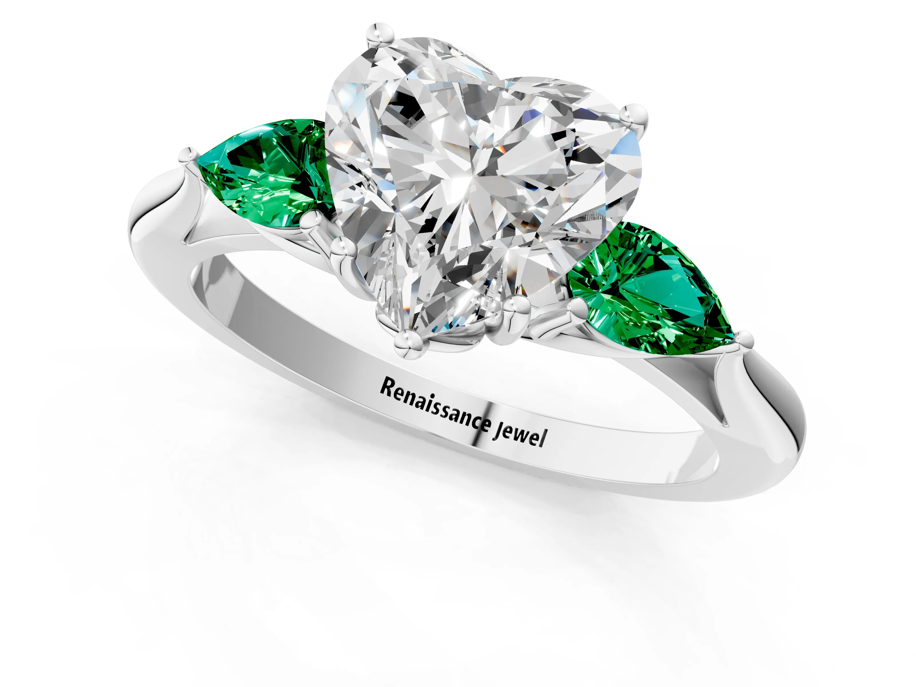 White gold Heart Cut Diamond Three-Stone Ring with Pear with Emerald side stone Side Stones and Prong Setting_61
