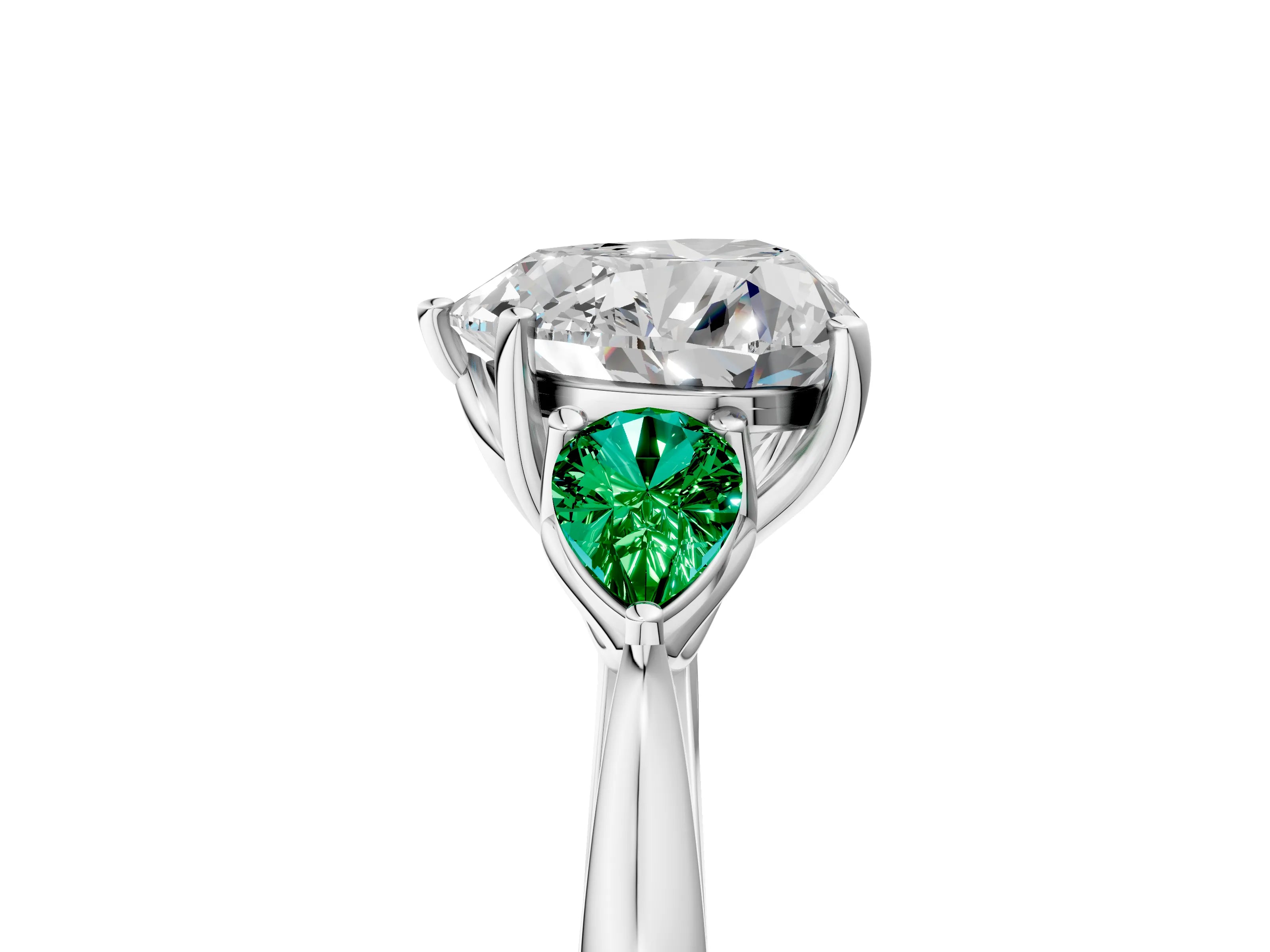 White gold Heart Cut Diamond Three-Stone Ring with Pear with Emerald side stone Side Stones and Prong Setting_65