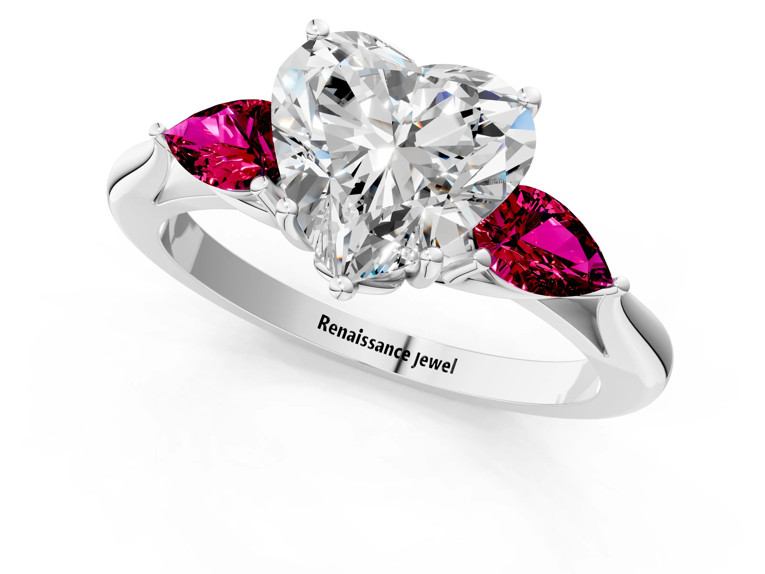 White gold Heart Cut Diamond Three-Stone Ring with Pear with Garnet side stone Side Stones and Prong Setting_25