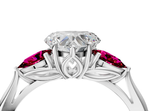 White gold Heart Cut Diamond Three-Stone Ring with Pear with Garnet side stone Side Stones and Prong Setting_28