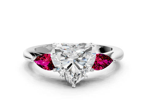 White gold Heart Cut Diamond Three-Stone Ring with Pear with Garnet side stone Side Stones and Prong Setting_48