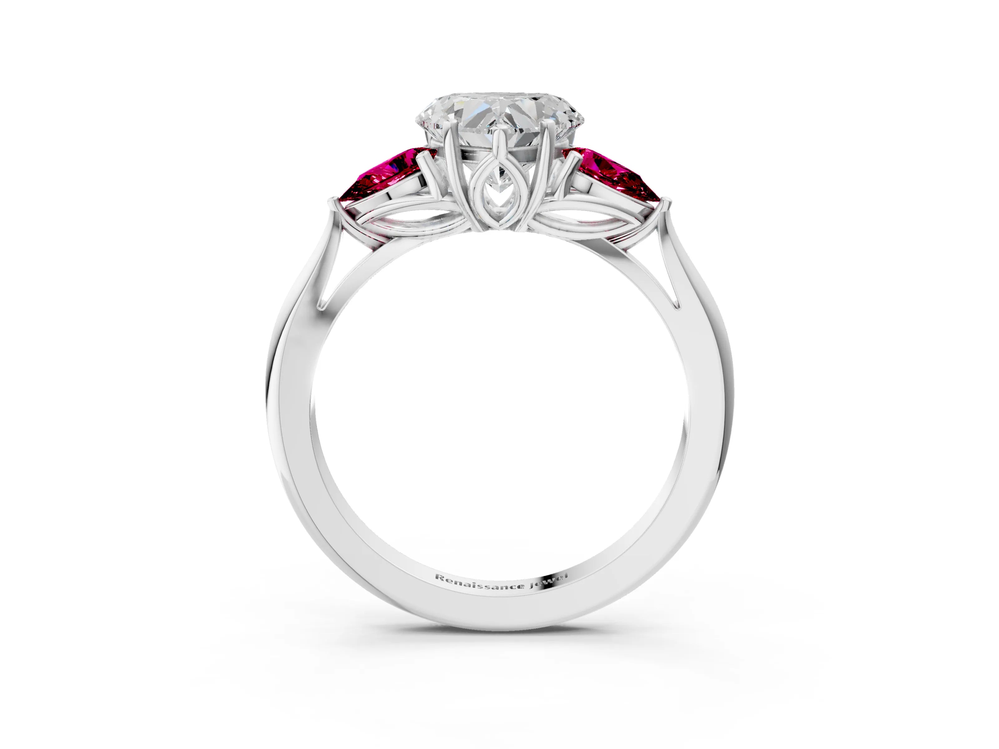 White gold Heart Cut Diamond Three-Stone Ring with Pear with Garnet side stone Side Stones and Prong Setting_51