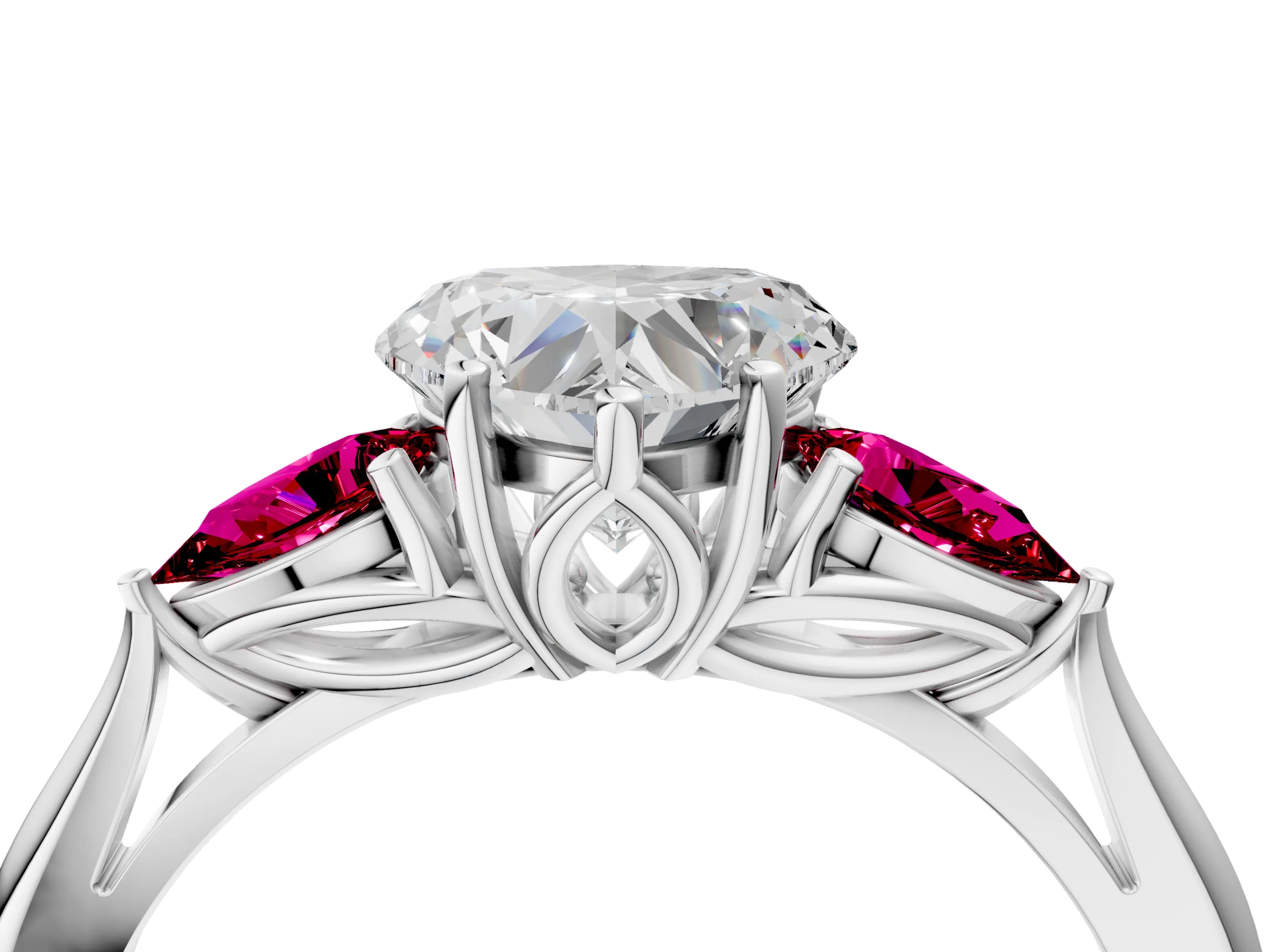 White gold Heart Cut Diamond Three-Stone Ring with Pear with Garnet side stone Side Stones and Prong Setting_52