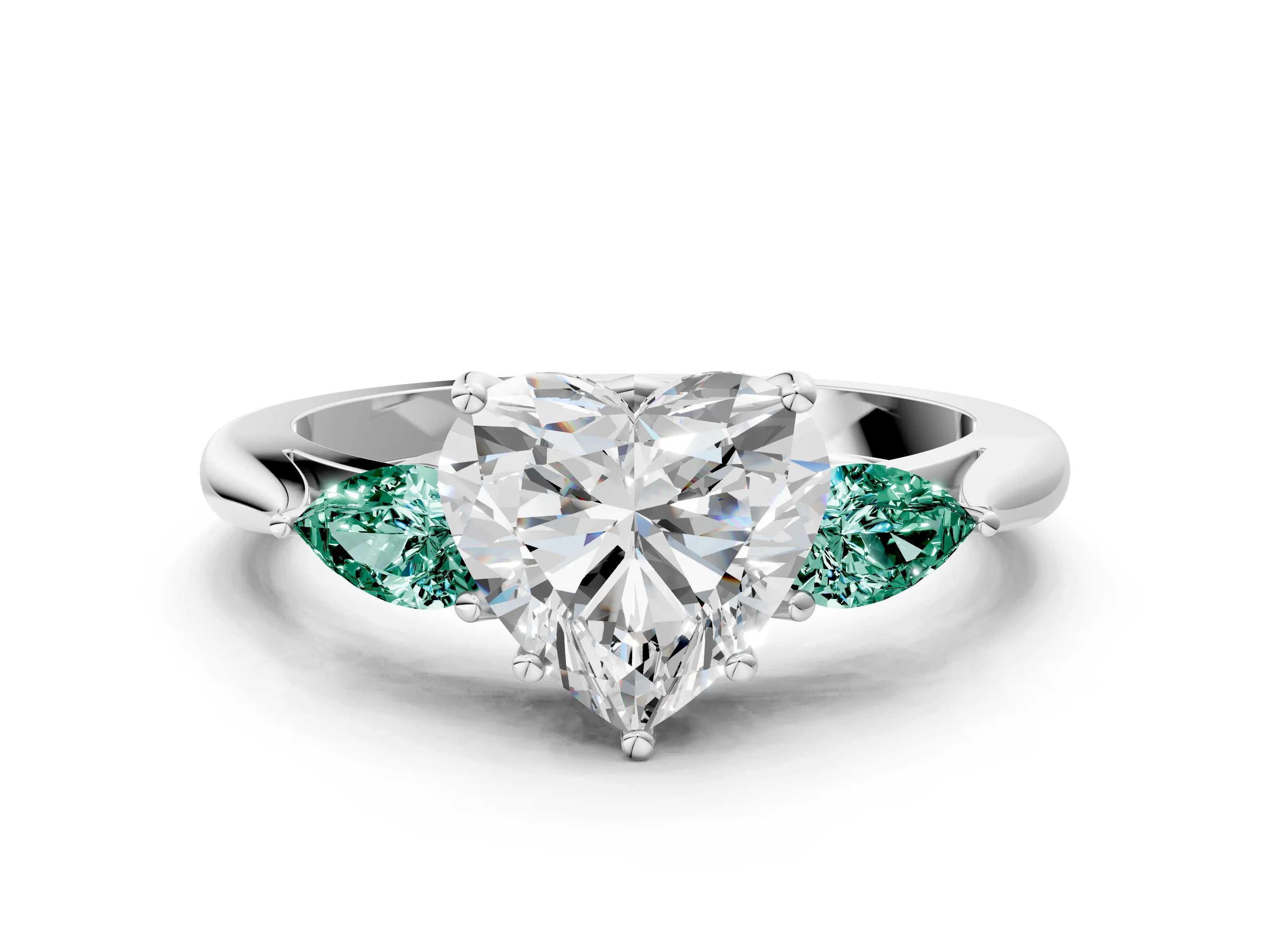 White gold Heart Cut Diamond Three-Stone Ring with Pear with Green Sapphire side stone Side Stones and Prong Setting_57