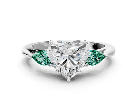 White gold Heart Cut Diamond Three-Stone Ring with Pear with Green Sapphire side stone Side Stones and Prong Setting_57