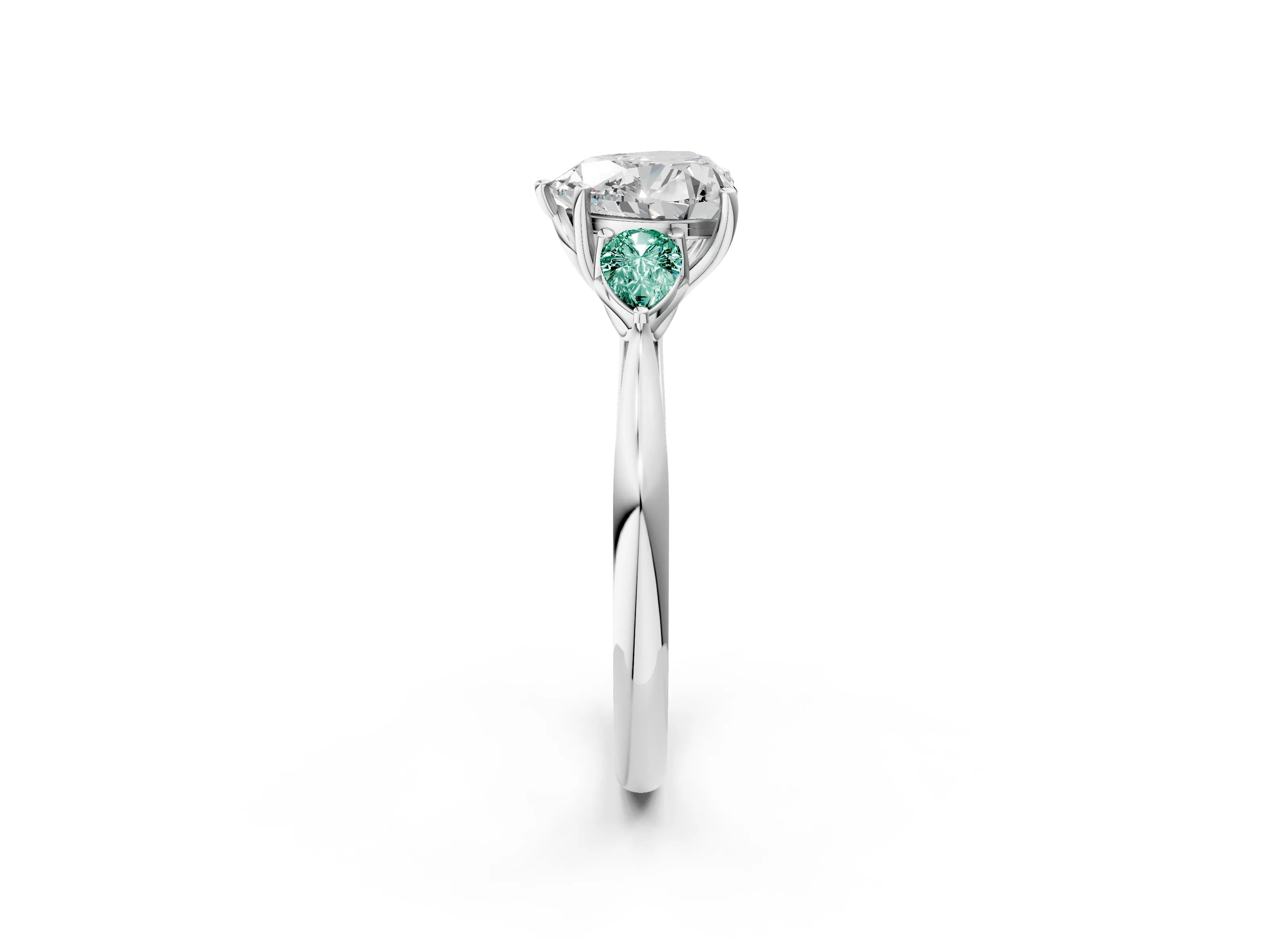 White gold Heart Cut Diamond Three-Stone Ring with Pear with Green Sapphire side stone Side Stones and Prong Setting_59