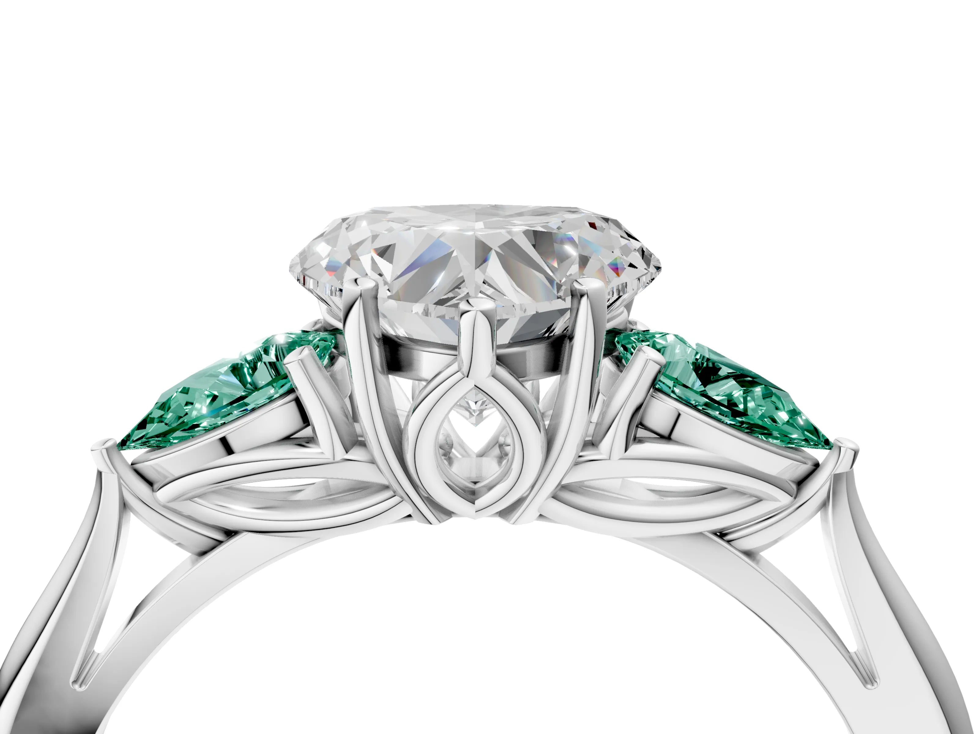 White gold Heart Cut Diamond Three-Stone Ring with Pear with Green Sapphire side stone Side Stones and Prong Setting_61
