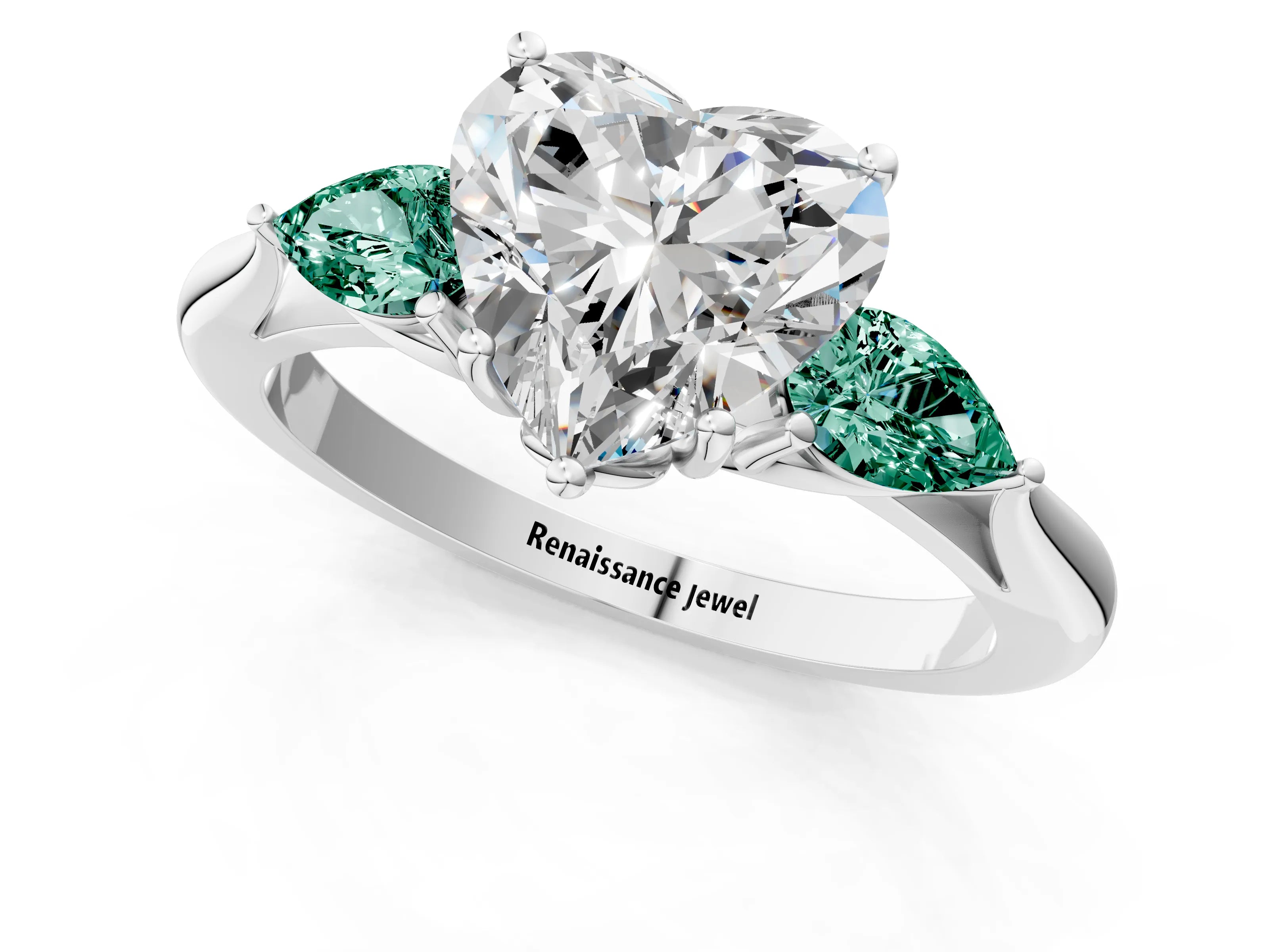 White gold Heart Cut Diamond Three-Stone Ring with Pear with Green Sapphire side stone Side Stones and Prong Setting_79