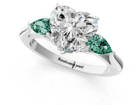 White gold Heart Cut Diamond Three-Stone Ring with Pear with Green Sapphire side stone Side Stones and Prong Setting_79
