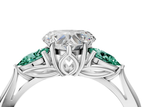 White gold Heart Cut Diamond Three-Stone Ring with Pear with Green Sapphire side stone Side Stones and Prong Setting_82