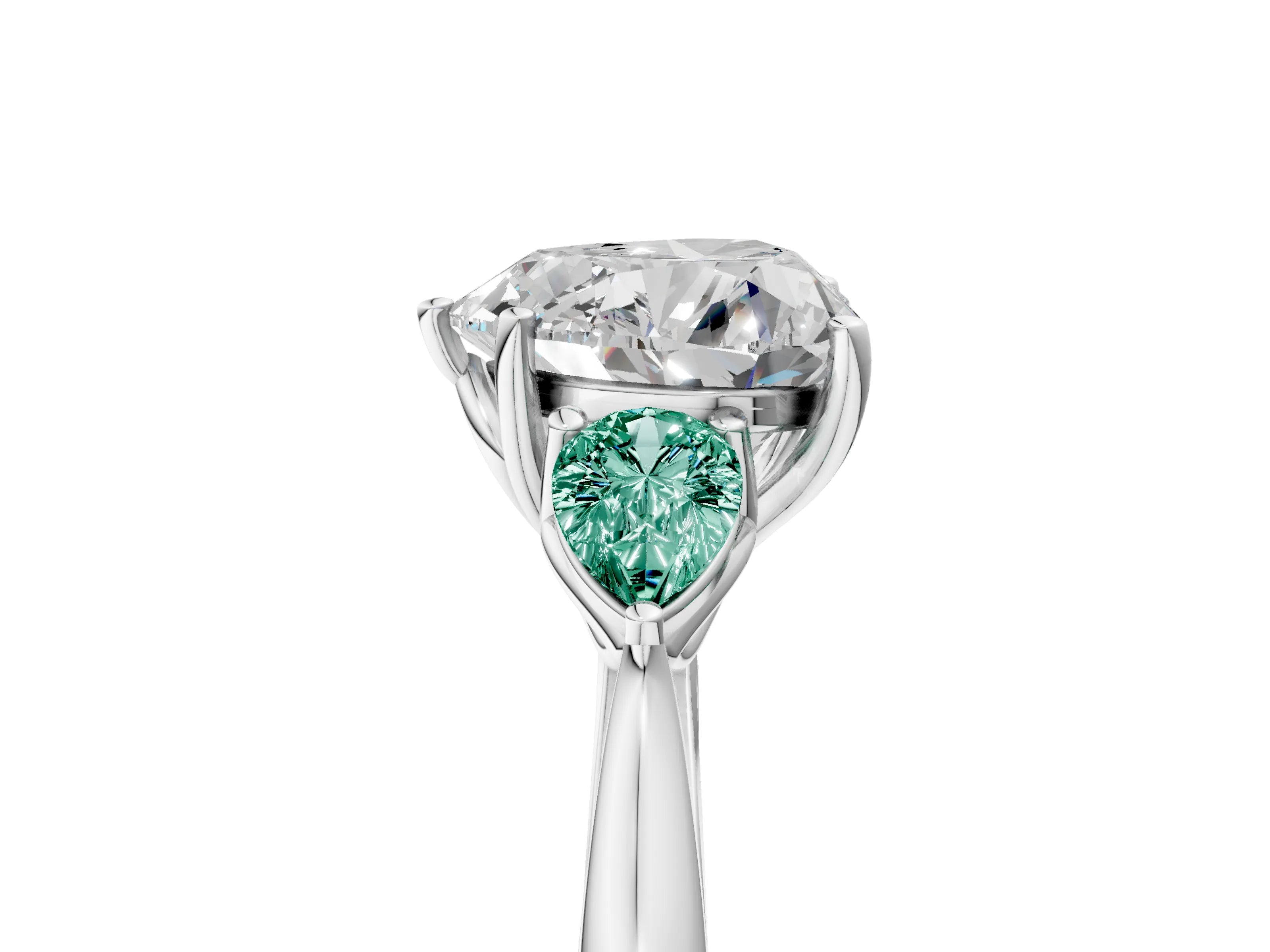 White gold Heart Cut Diamond Three-Stone Ring with Pear with Green Sapphire side stone Side Stones and Prong Setting_83