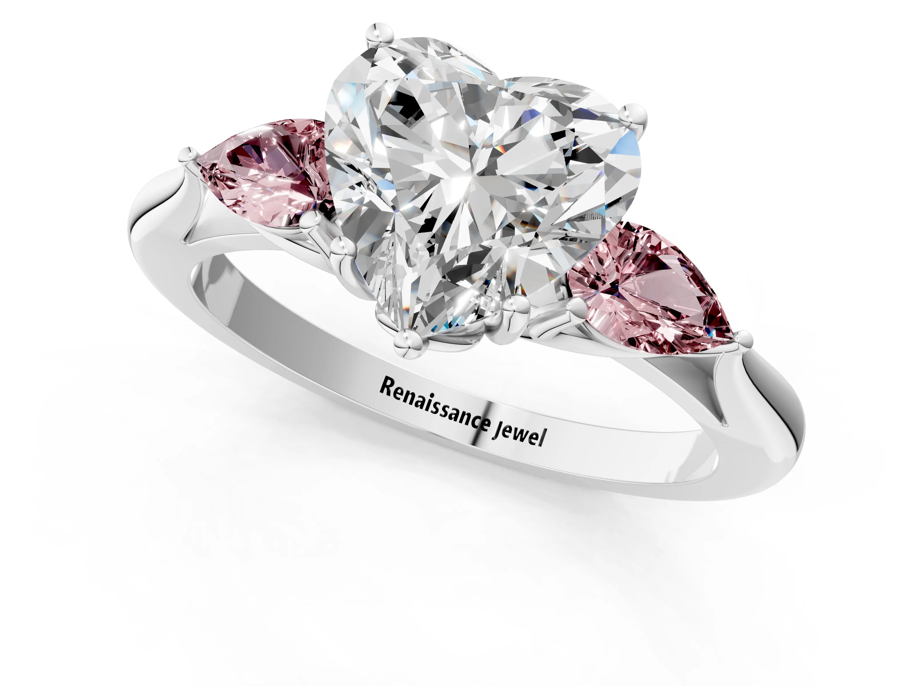 White gold Heart Cut Diamond Three-Stone Ring with Pear with Morganite side stone Side Stones and Prong Setting_25