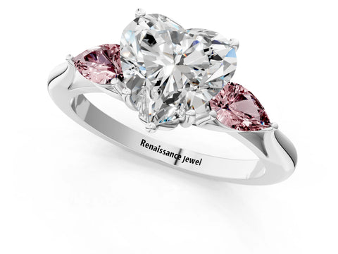 White gold Heart Cut Diamond Three-Stone Ring with Pear with Morganite side stone Side Stones and Prong Setting_25