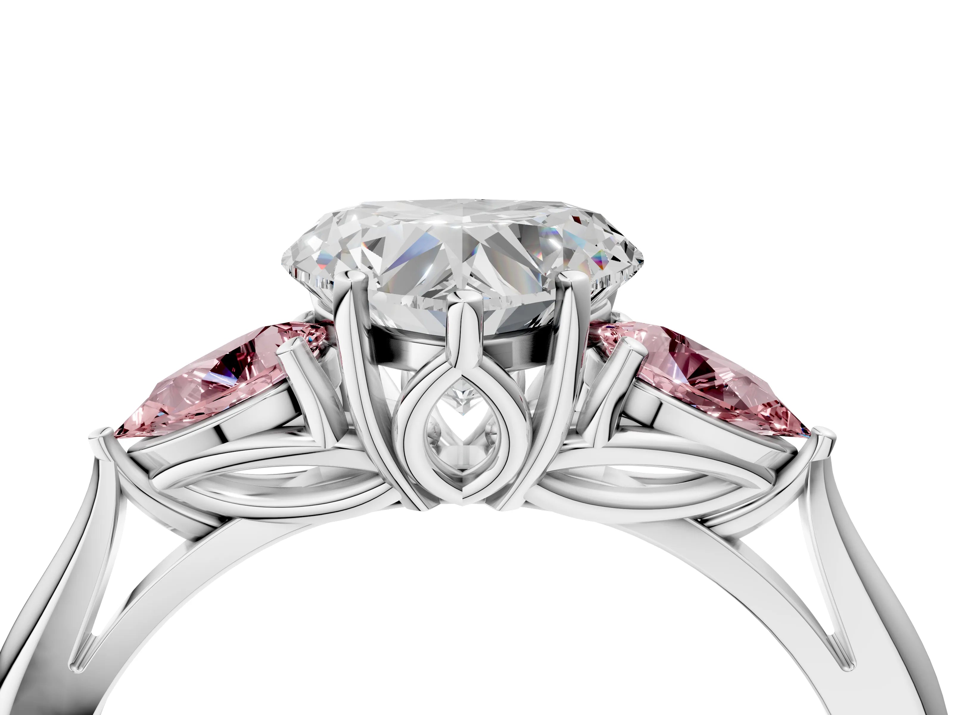 White gold Heart Cut Diamond Three-Stone Ring with Pear with Morganite side stone Side Stones and Prong Setting_28
