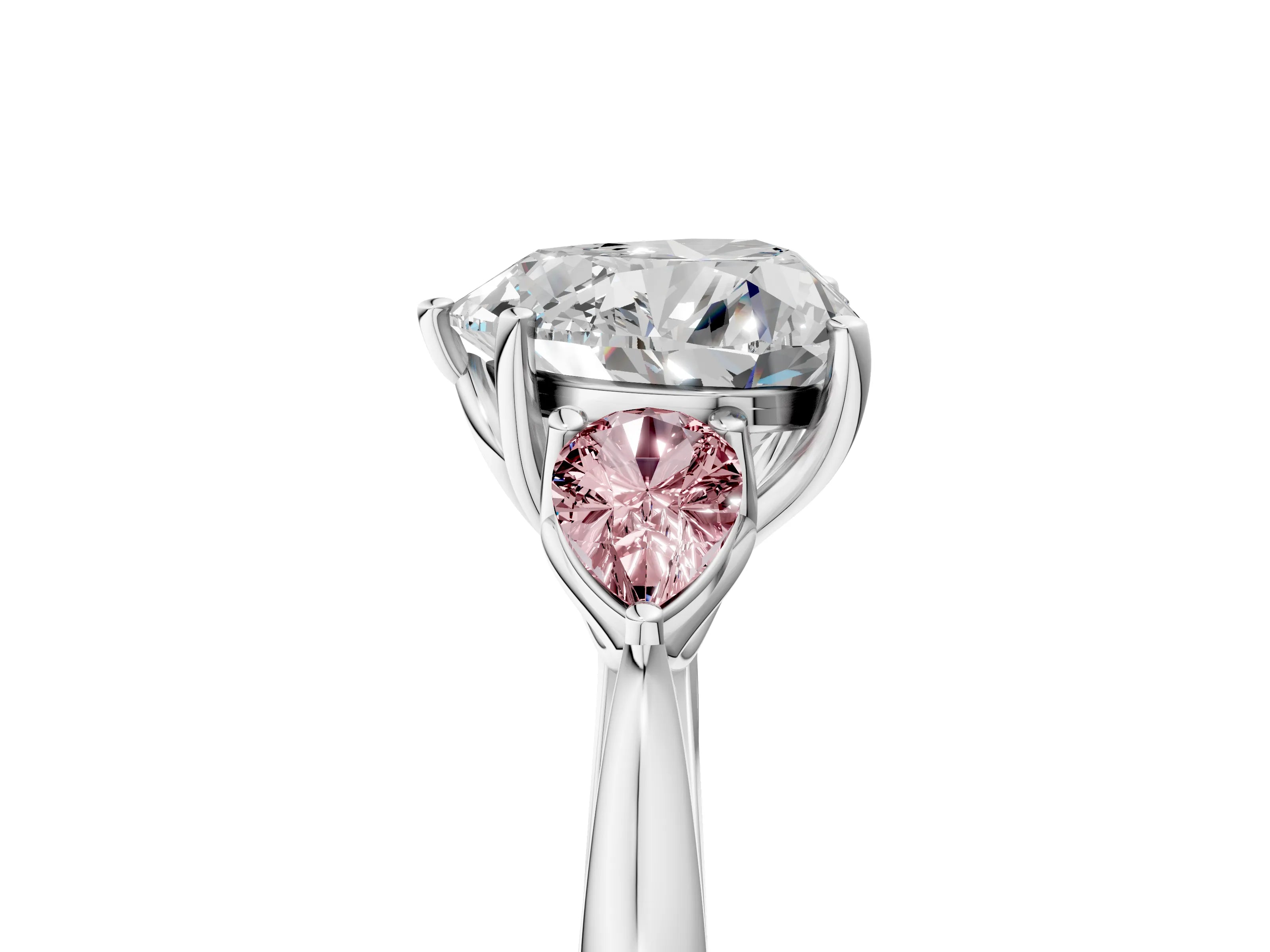 White gold Heart Cut Diamond Three-Stone Ring with Pear with Morganite side stone Side Stones and Prong Setting_29