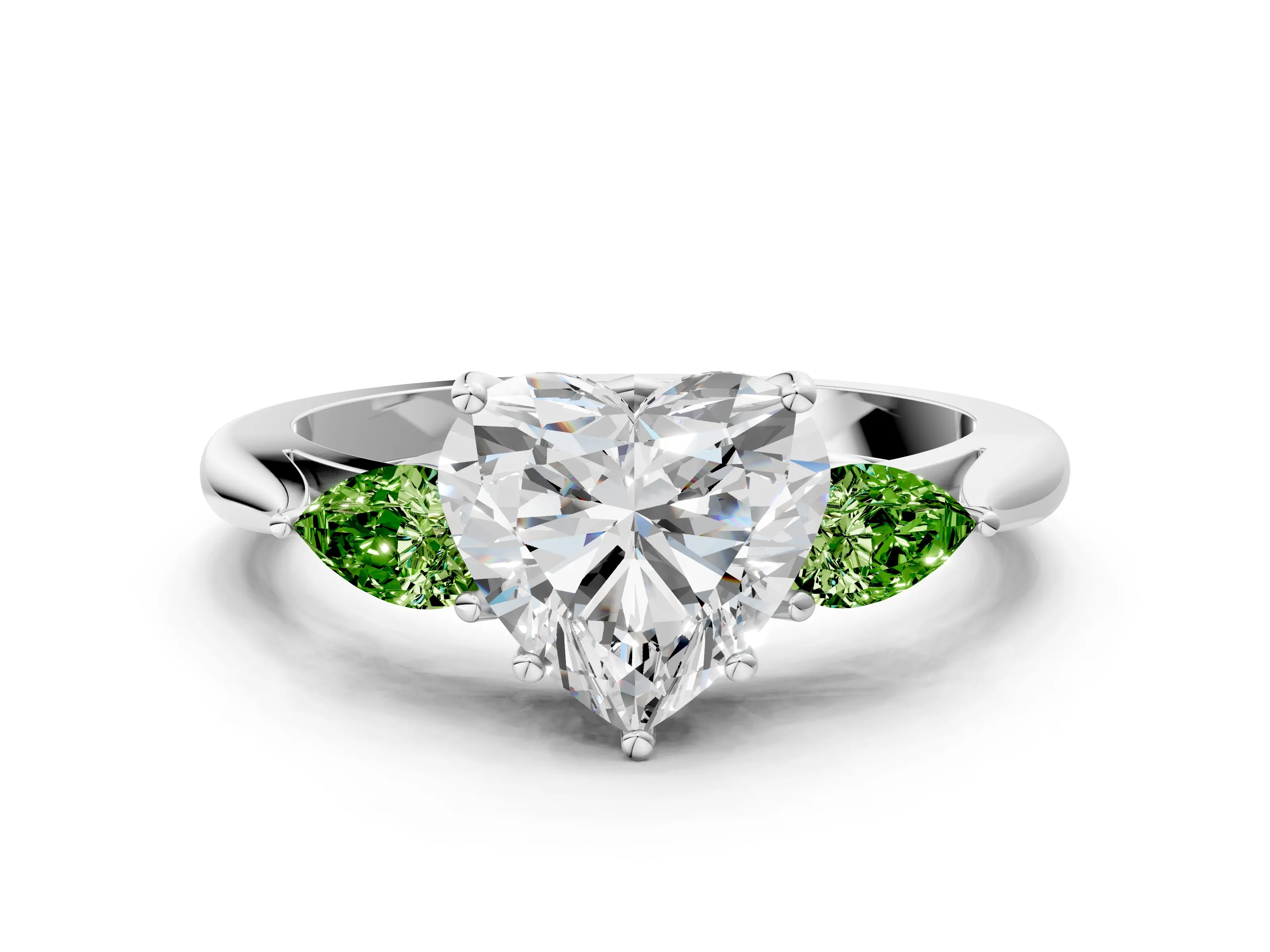 White gold Heart Cut Diamond Three-Stone Ring with Pear with Peridot side stone Side Stones and Prong Setting_12