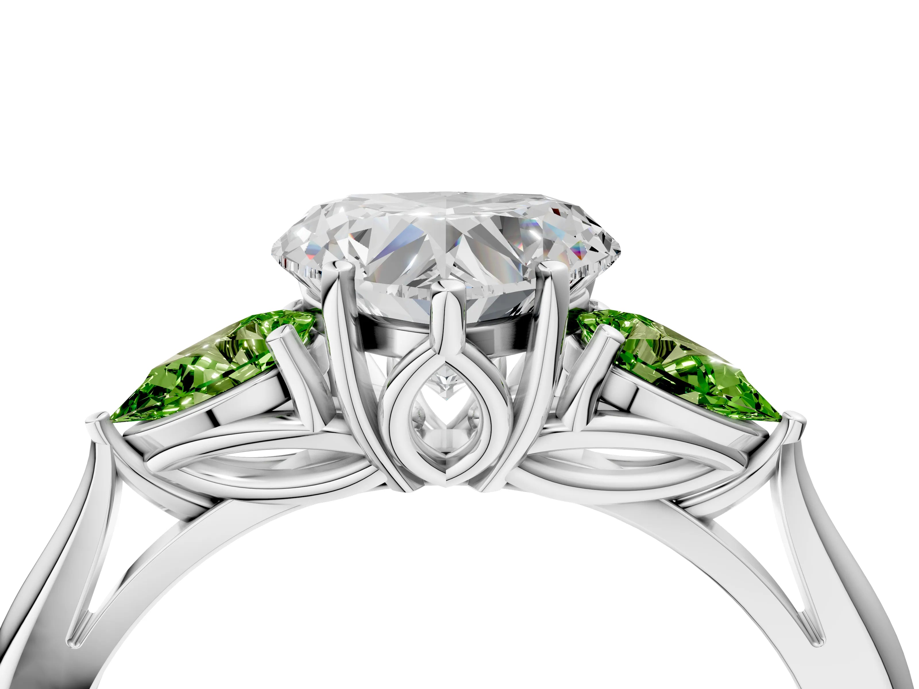 White gold Heart Cut Diamond Three-Stone Ring with Pear with Peridot side stone Side Stones and Prong Setting_16
