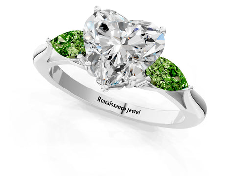 White gold Heart Cut Diamond Three-Stone Ring with Pear with Peridot side stone Side Stones and Prong Setting_37