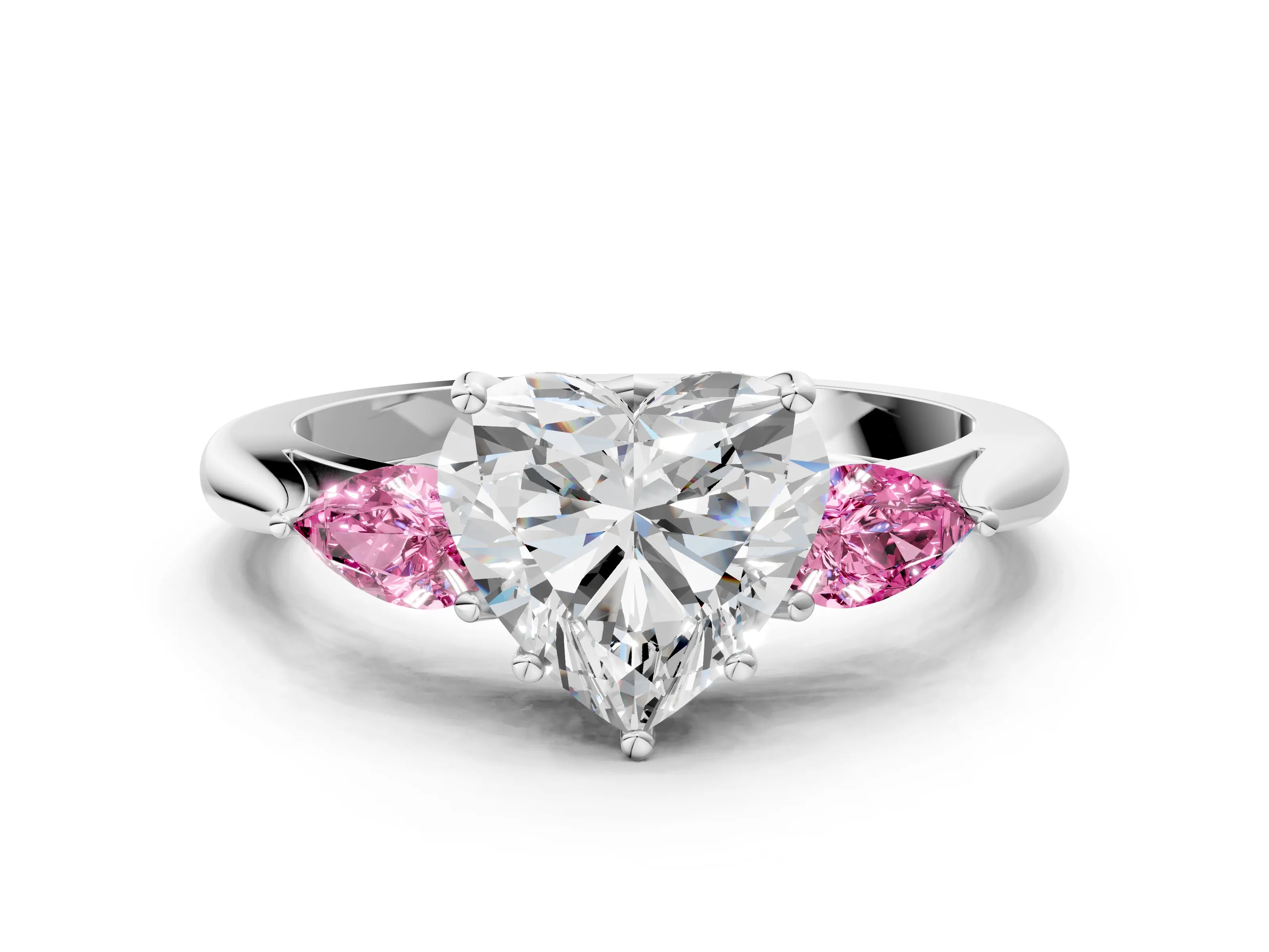 White gold Heart Cut Diamond Three-Stone Ring with Pear with Pink Sapphire side stone Side Stones and Prong Setting_48