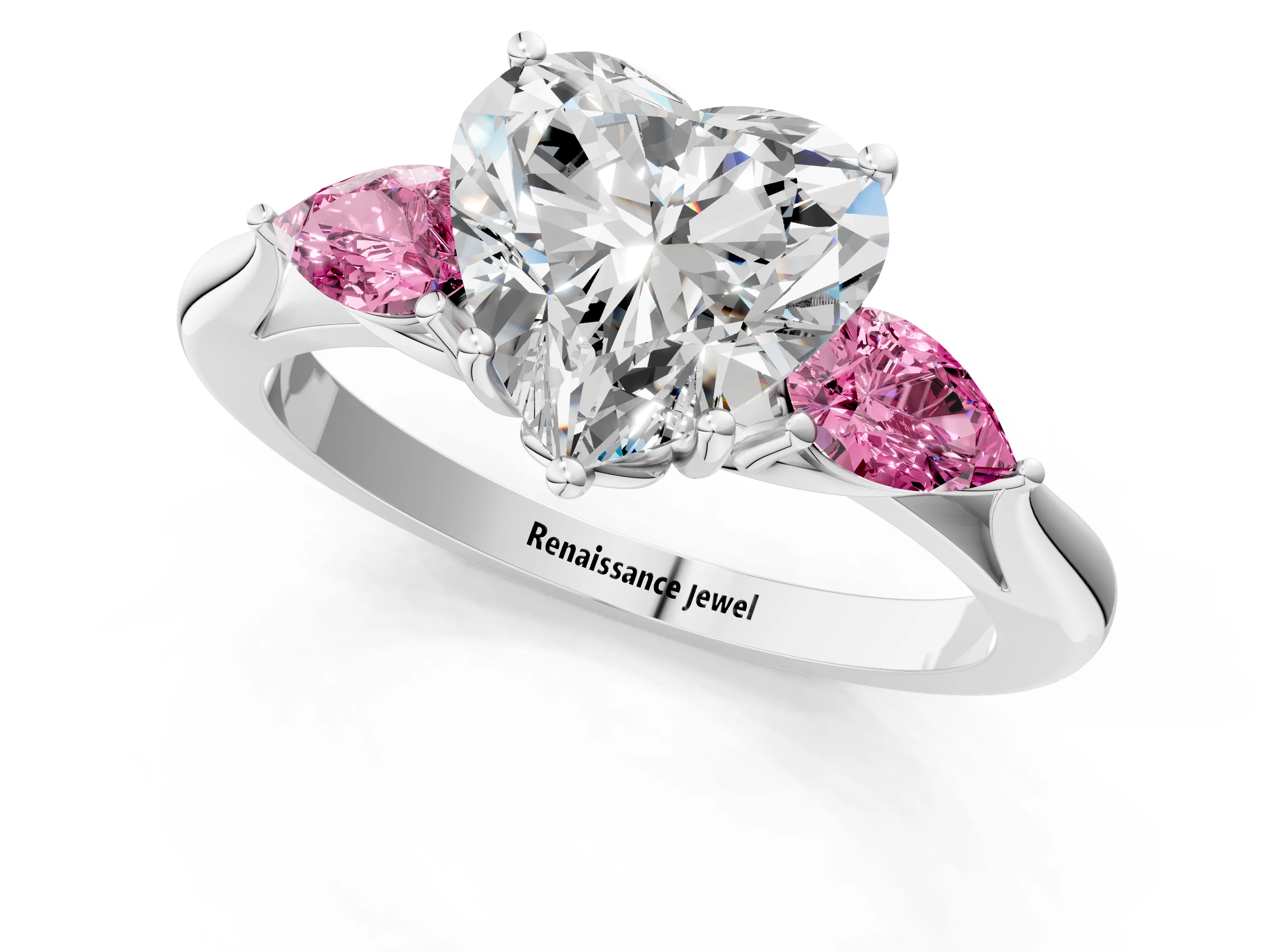 White gold Heart Cut Diamond Three-Stone Ring with Pear with Pink Sapphire side stone Side Stones and Prong Setting_49