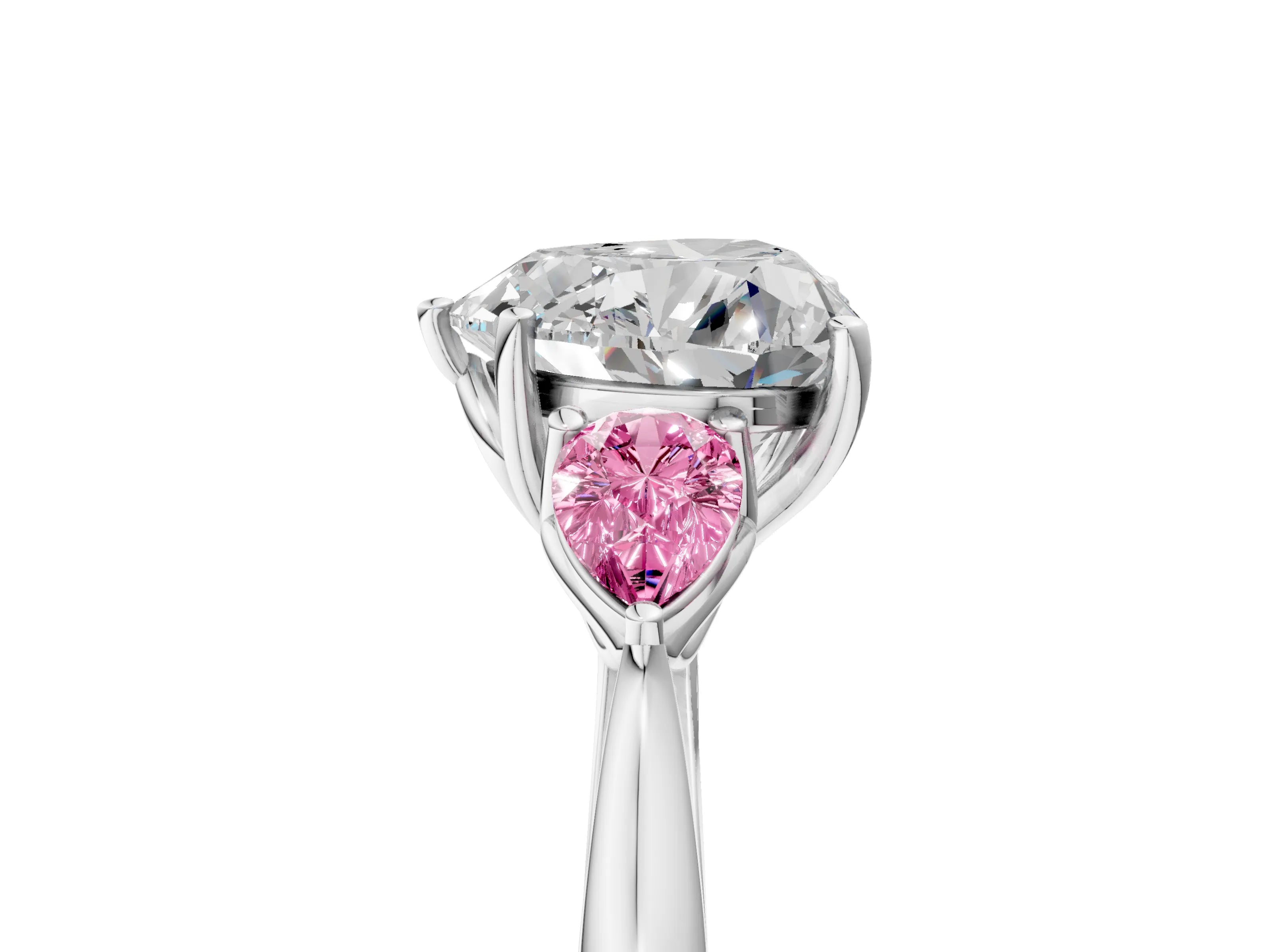 White gold Heart Cut Diamond Three-Stone Ring with Pear with Pink Sapphire side stone Side Stones and Prong Setting_53