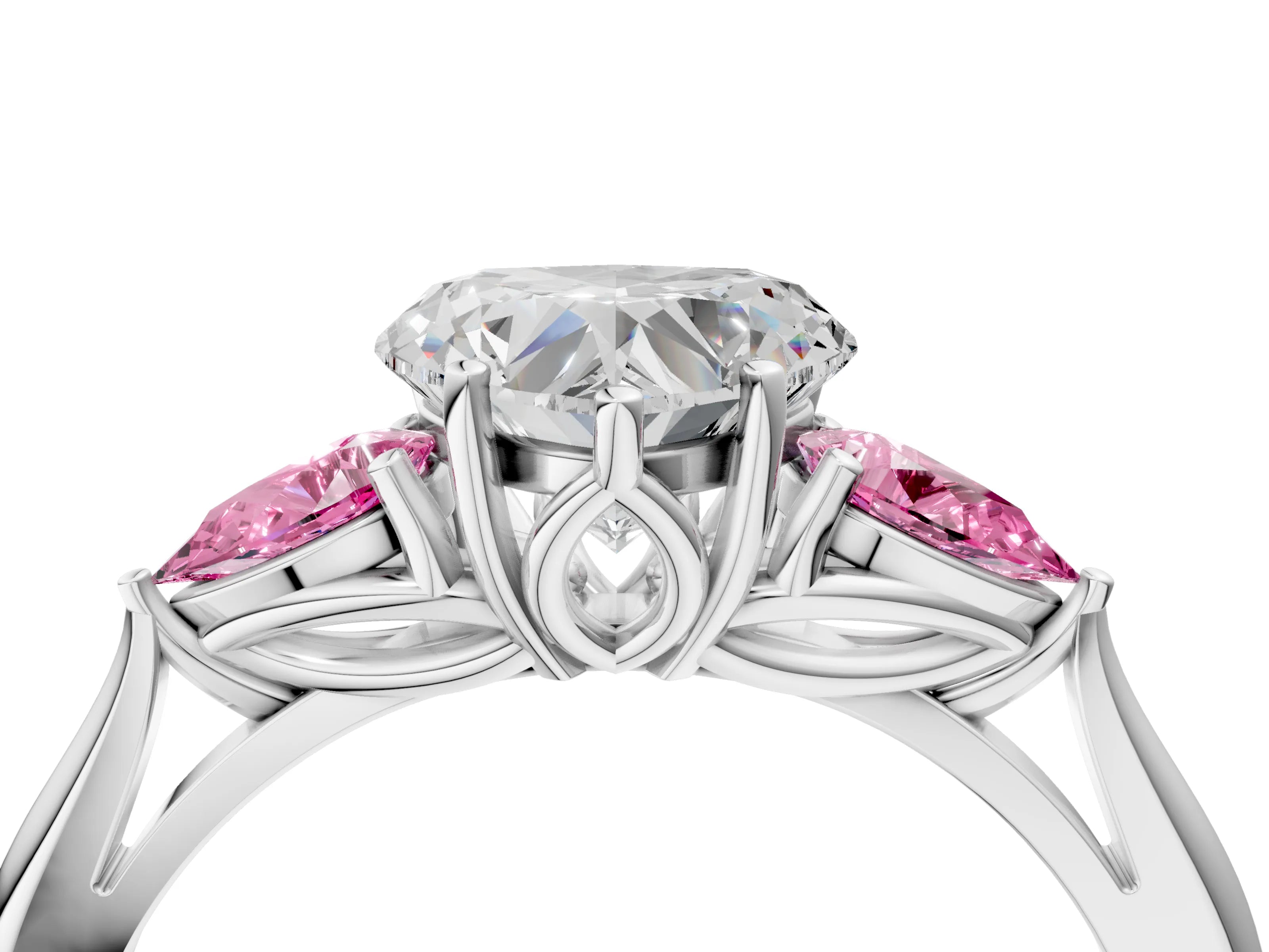 White gold Heart Cut Diamond Three-Stone Ring with Pear with Pink Sapphire side stone Side Stones and Prong Setting_76