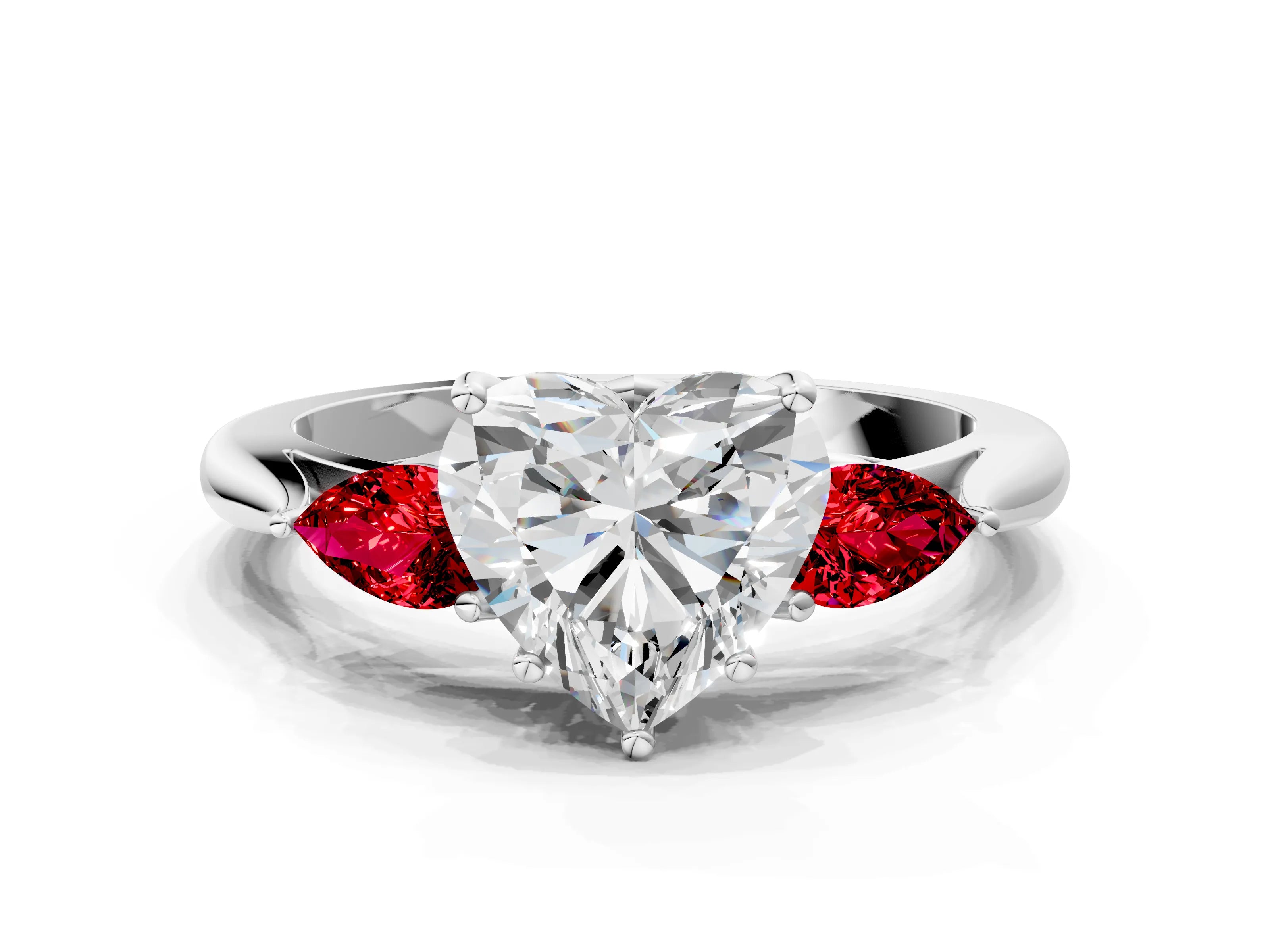 White gold Heart Cut Diamond Three-Stone Ring with Pear with Ruby side stone Side Stones and Prong Setting_24