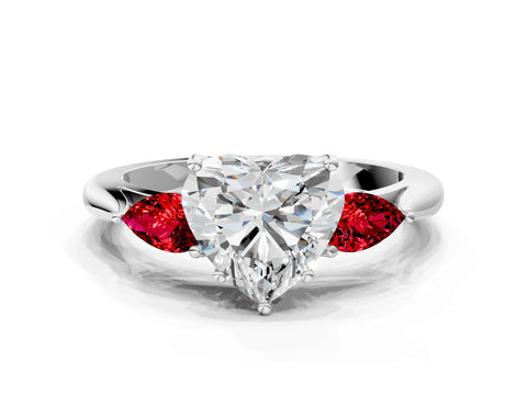 White gold Heart Cut Diamond Three-Stone Ring with Pear with Ruby side stone Side Stones and Prong Setting_24