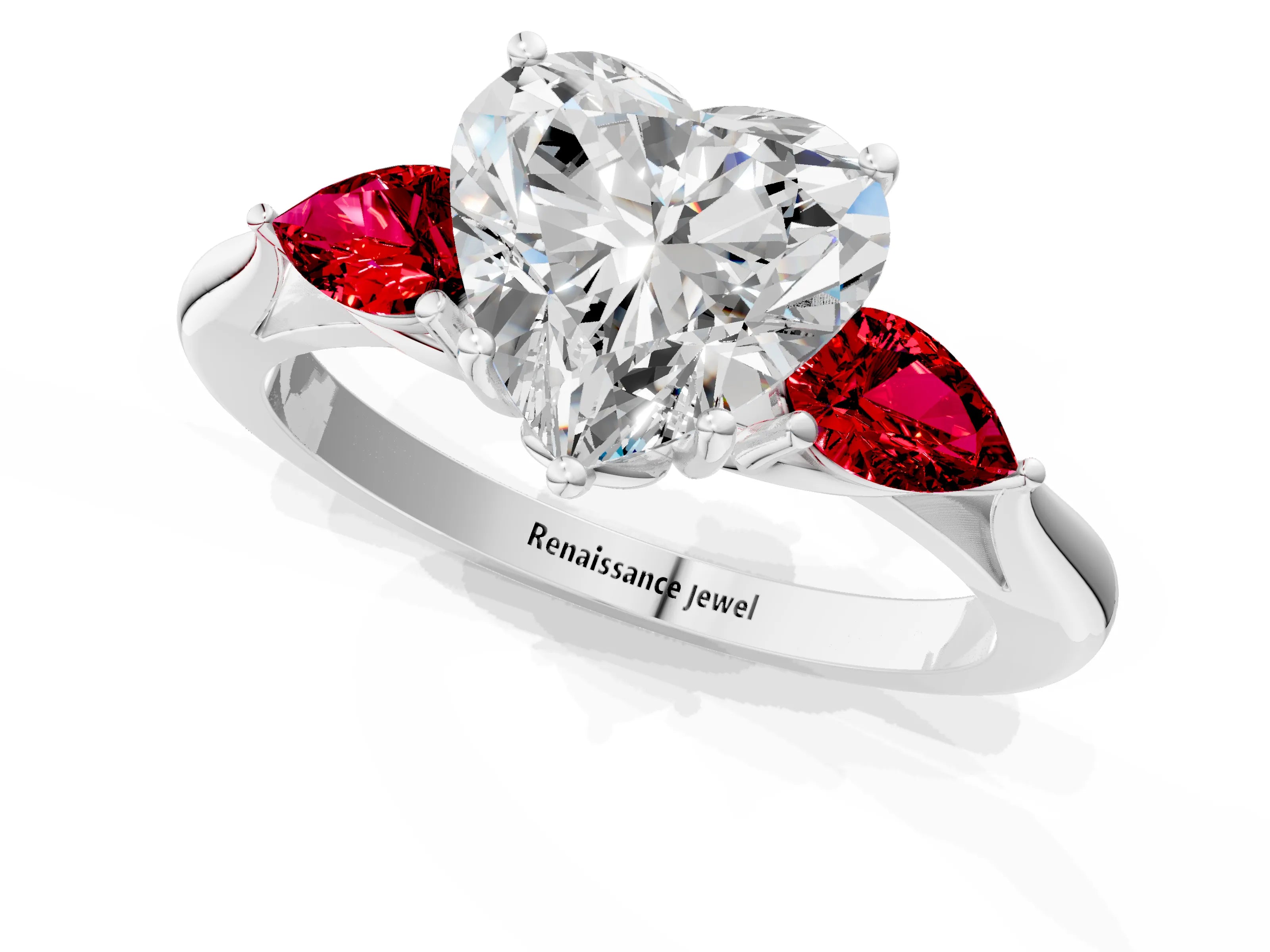 White gold Heart Cut Diamond Three-Stone Ring with Pear with Ruby side stone Side Stones and Prong Setting_25