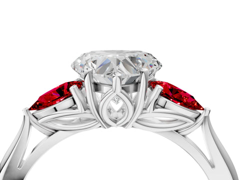 White gold Heart Cut Diamond Three-Stone Ring with Pear with Ruby side stone Side Stones and Prong Setting_28