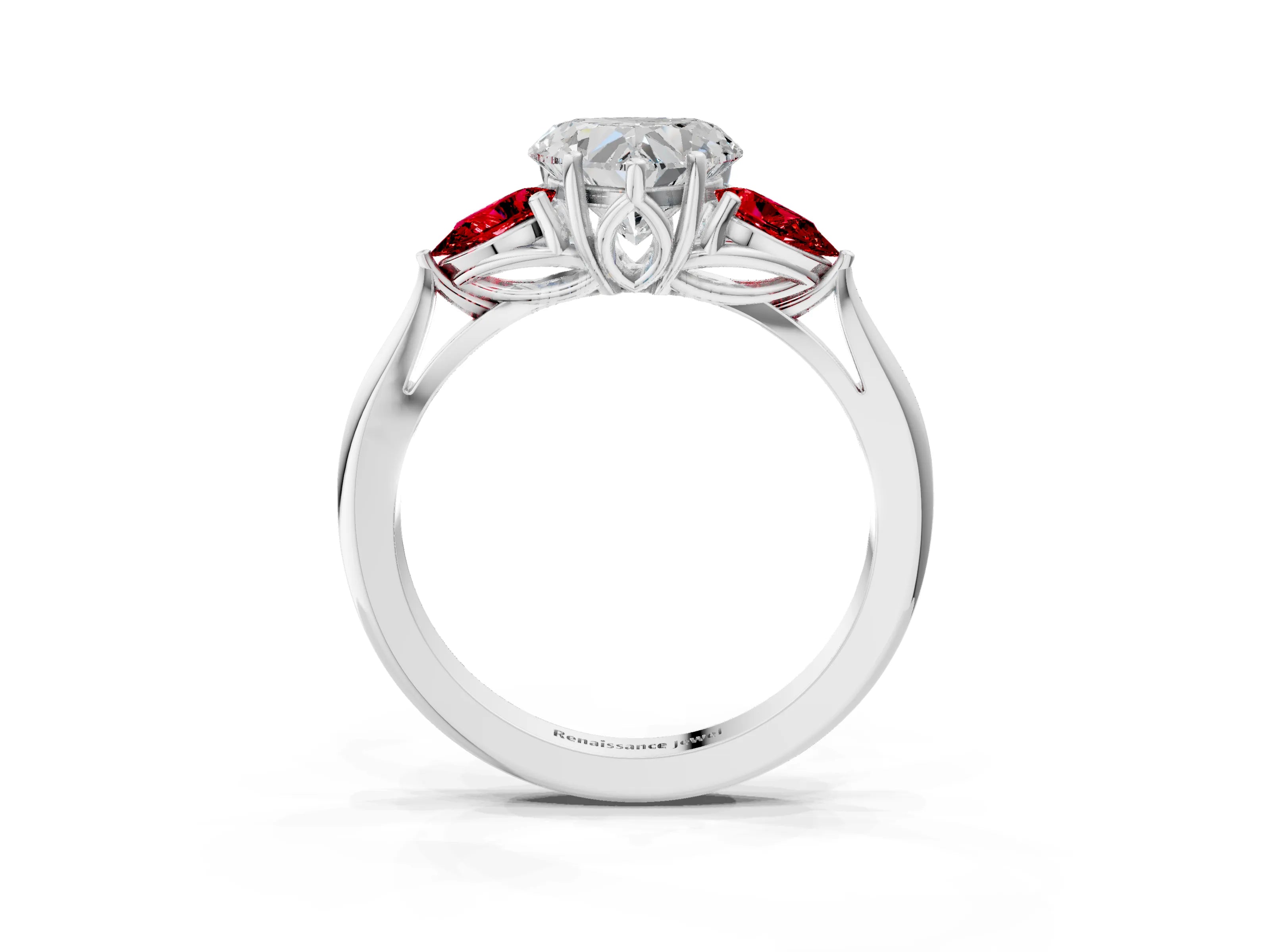 White gold Heart Cut Diamond Three-Stone Ring with Pear with Ruby side stone Side Stones and Prong Setting_51