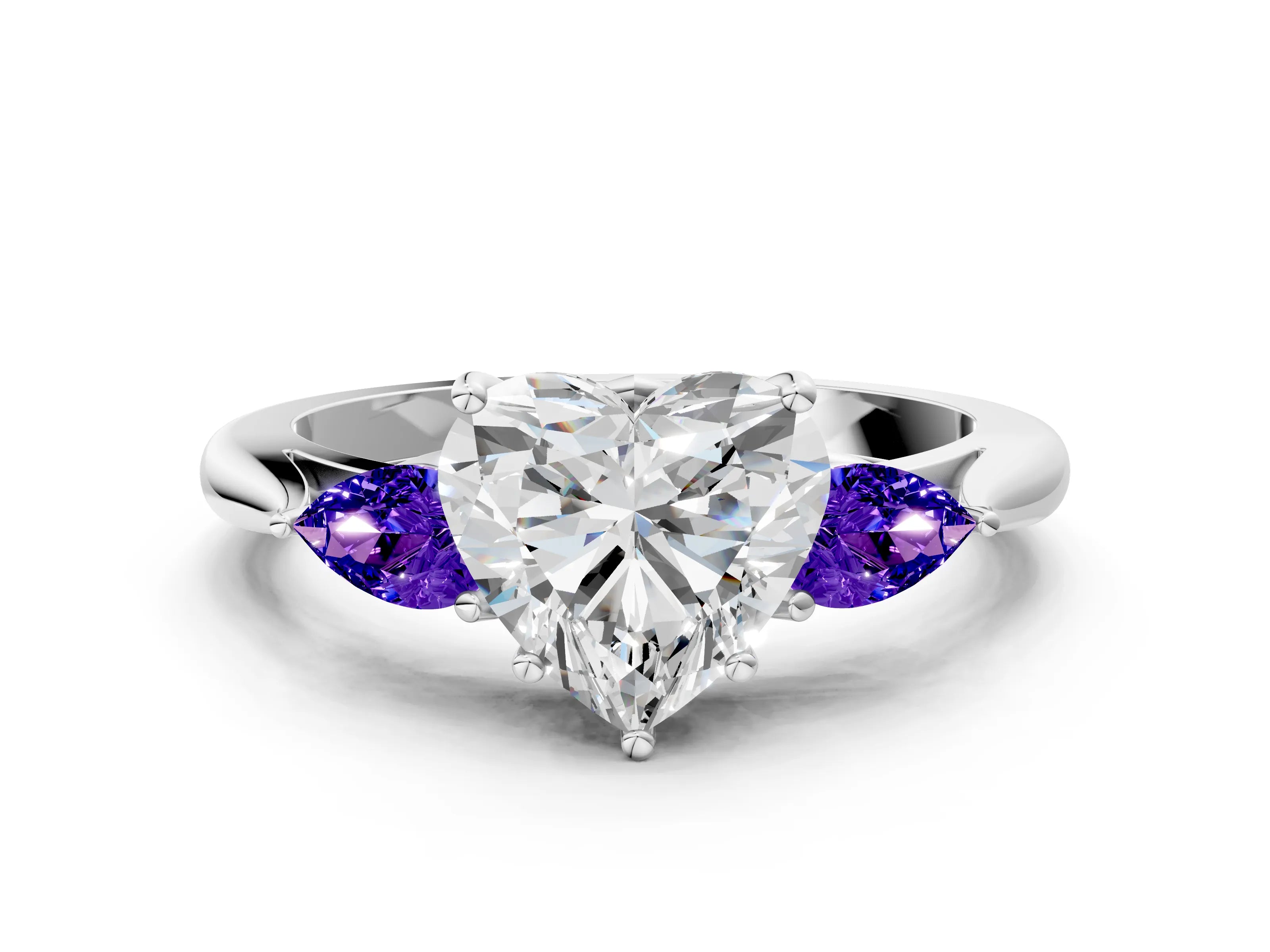White gold Heart Cut Diamond Three-Stone Ring with Pear with Tanzanite side stone Side Stones and Prong Setting_12